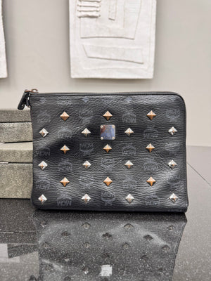 MCM Black Visetos Coated Canvas Studded Wristlet