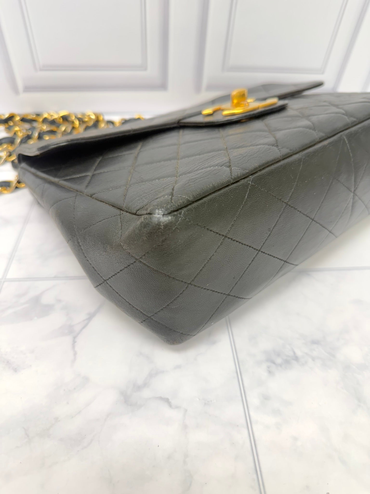Chanel Vintage Black Leather Jumbo Classic Flap Bag 