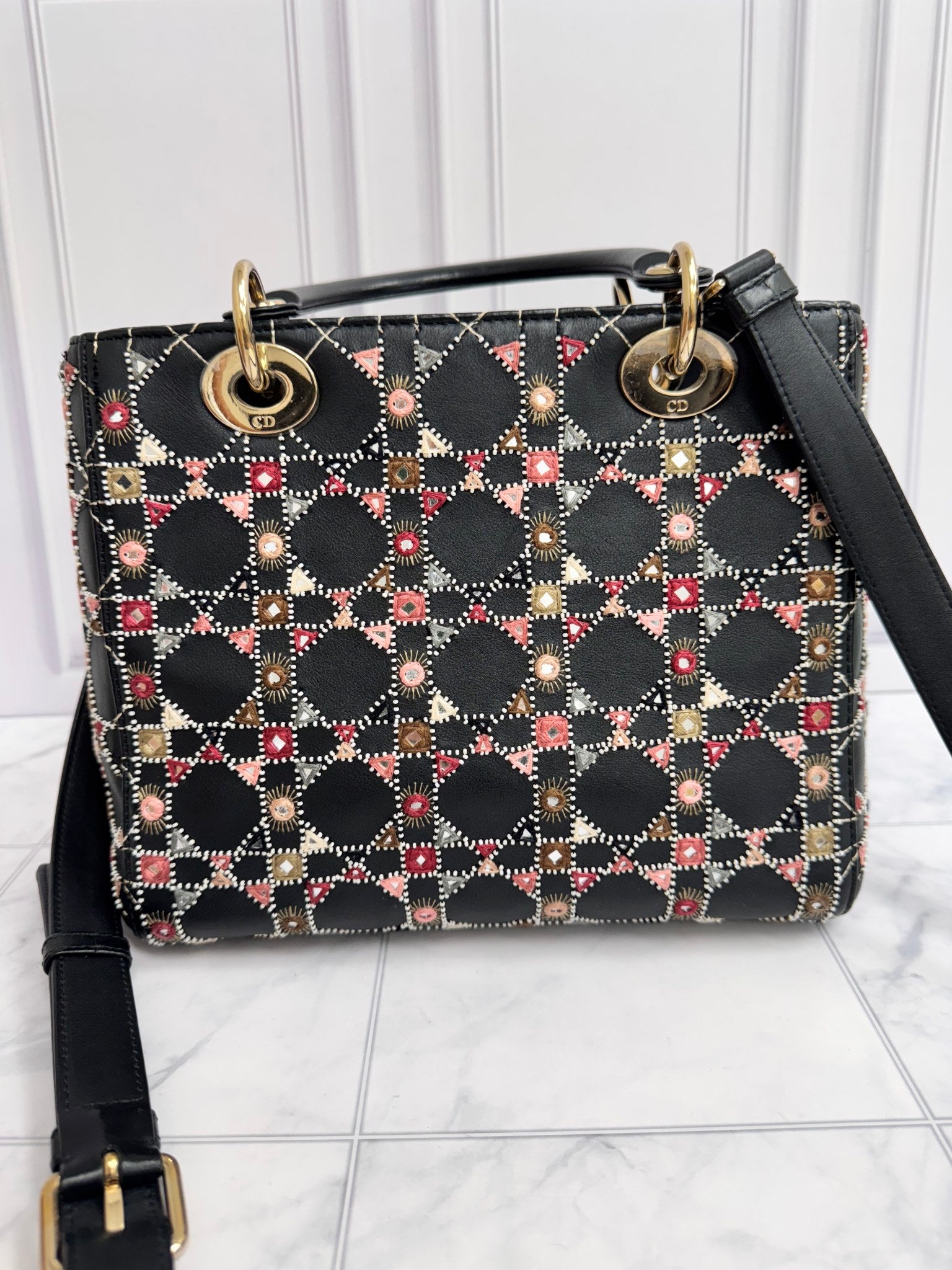  Christian Dior Black Multicolor Embroidered Lady Dior Medium 2Way Bag
