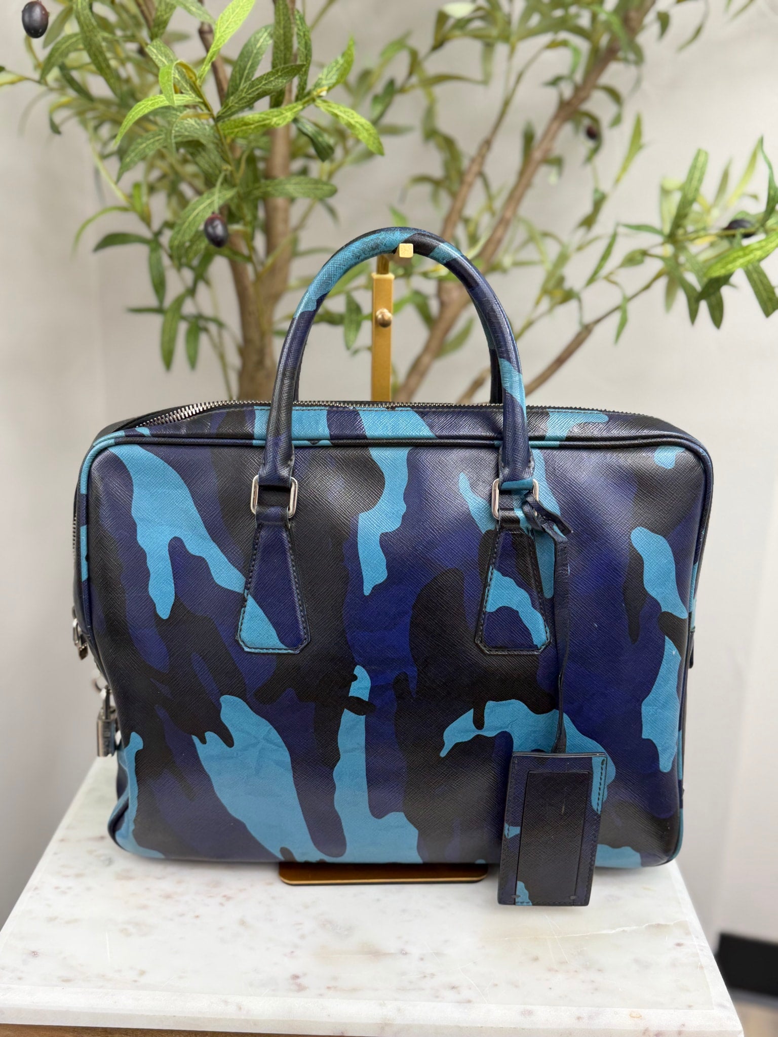 Prada Blue Camo Saffiano Leather Briefcase