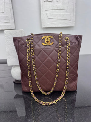 Chanel Brown Quilted Caviar Leather Jumbo CC Shopper Tote Bag