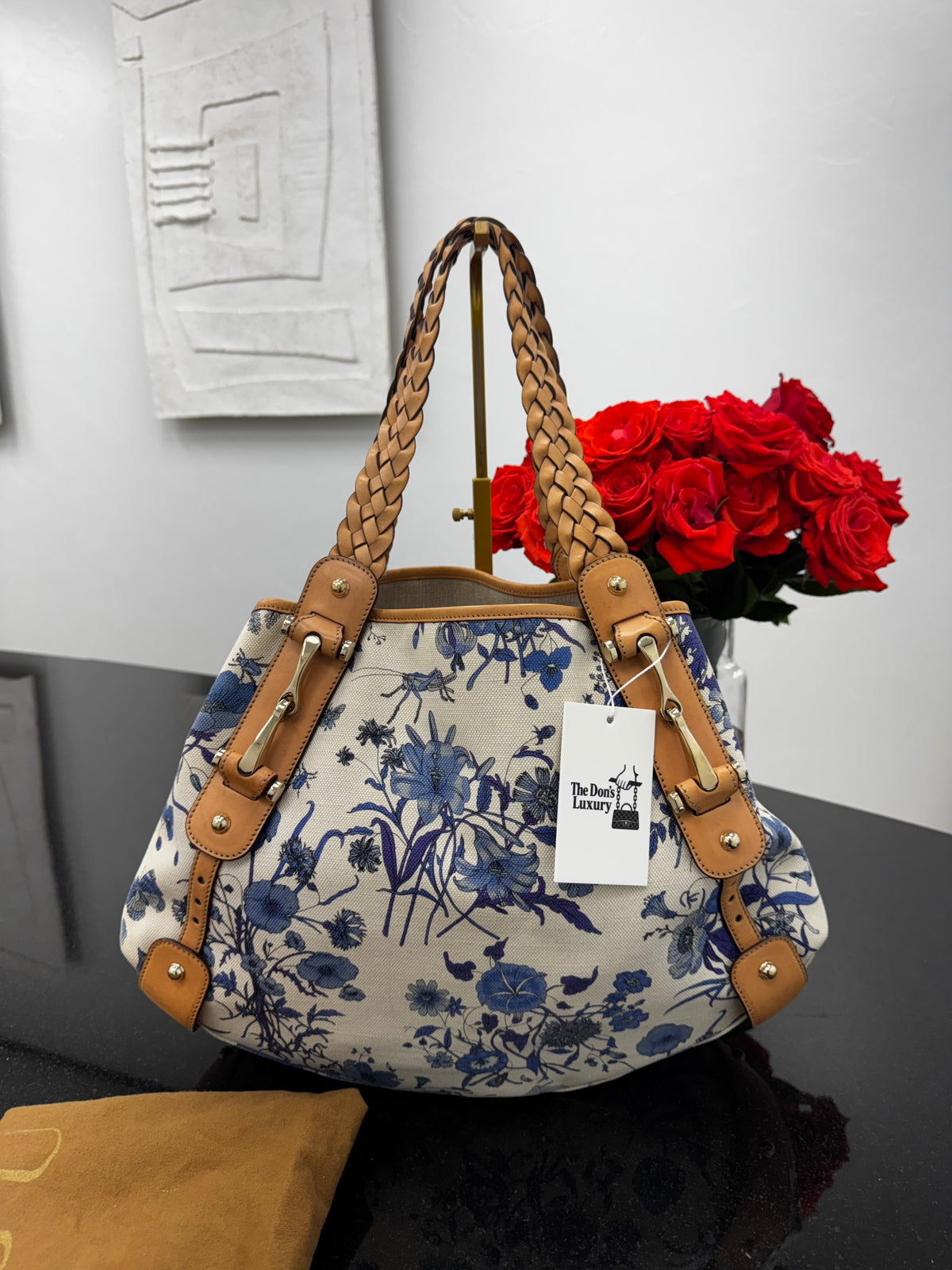 Gucci White & Blue Floral Print Canvas Pelham Large Tote Bag