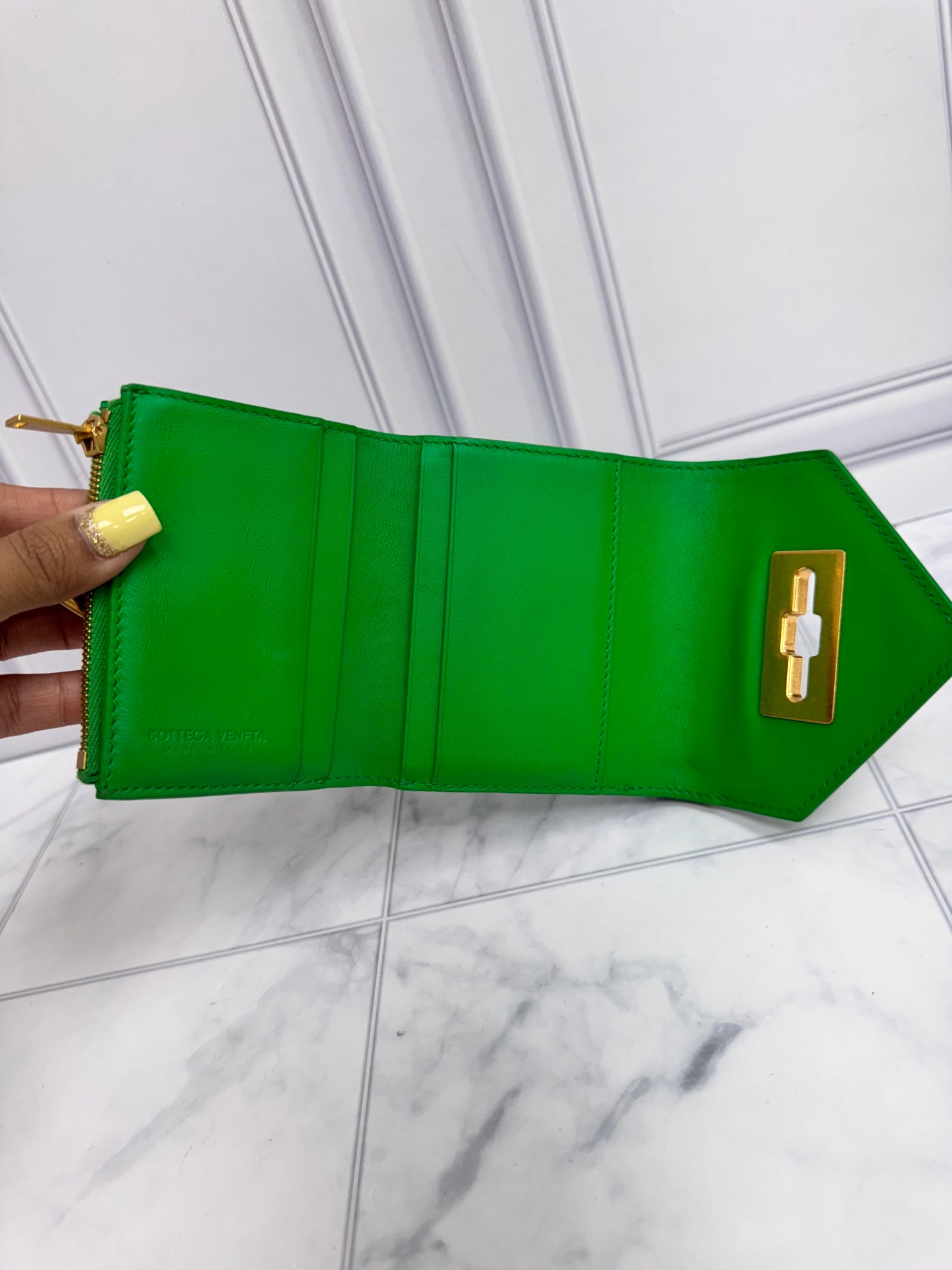 Bottega Veneta Green Leather Triangle Compact Wallet