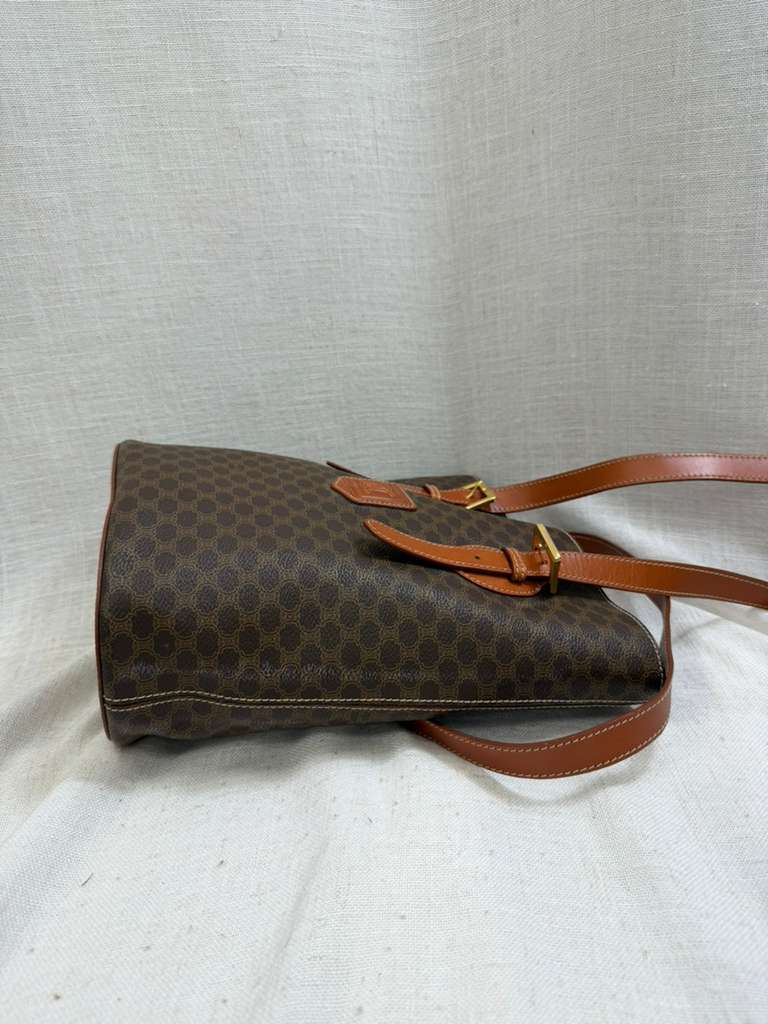 Celine Brown Coated Canvas Macadam Bucket Bag