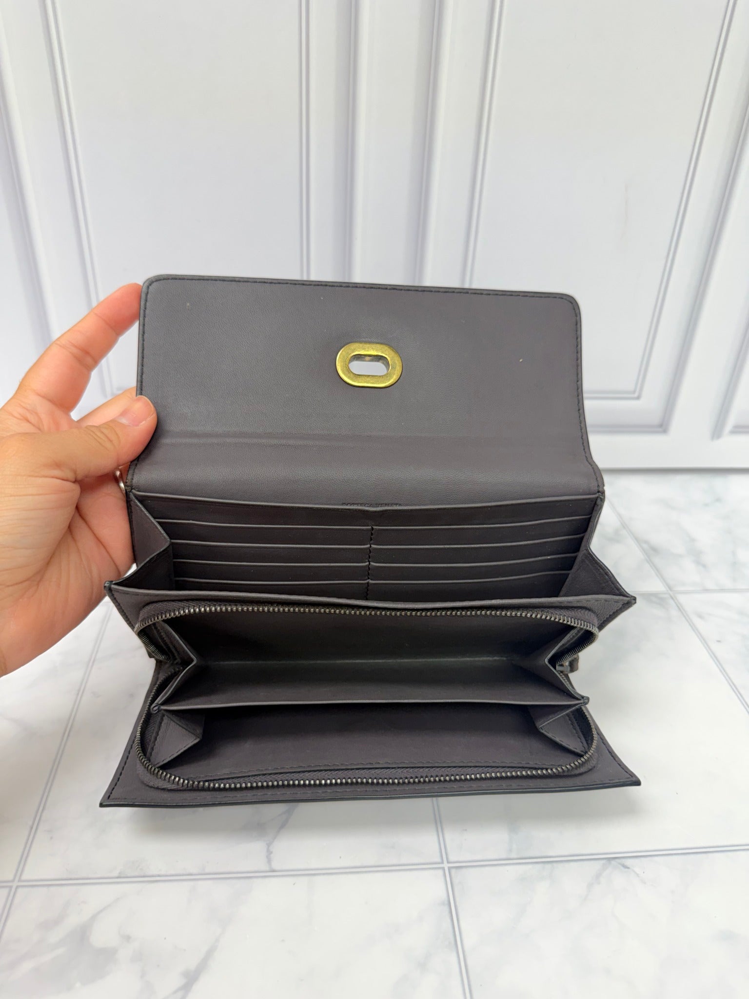Bottega Veneta Plum Intrecciato Lambskin Leather Turnlock Wallet 