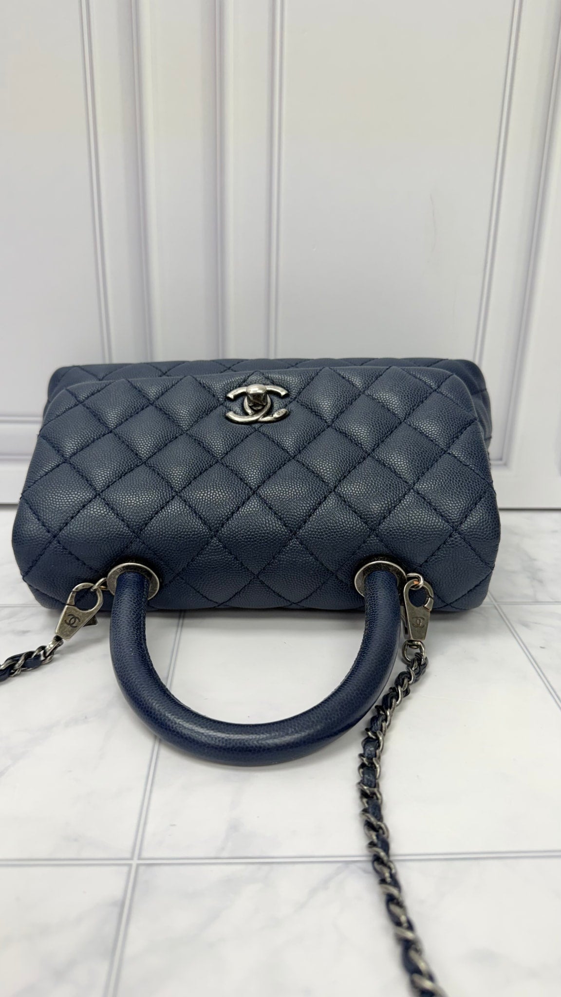 Chanel Navy Blue Diamond Quilted Coco Small 2Way Bag