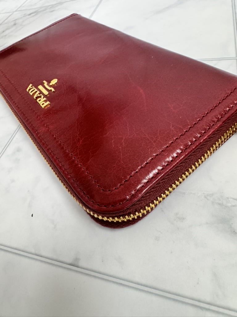 Prada Dark Red Patent Leather Long Zippy Wallet
