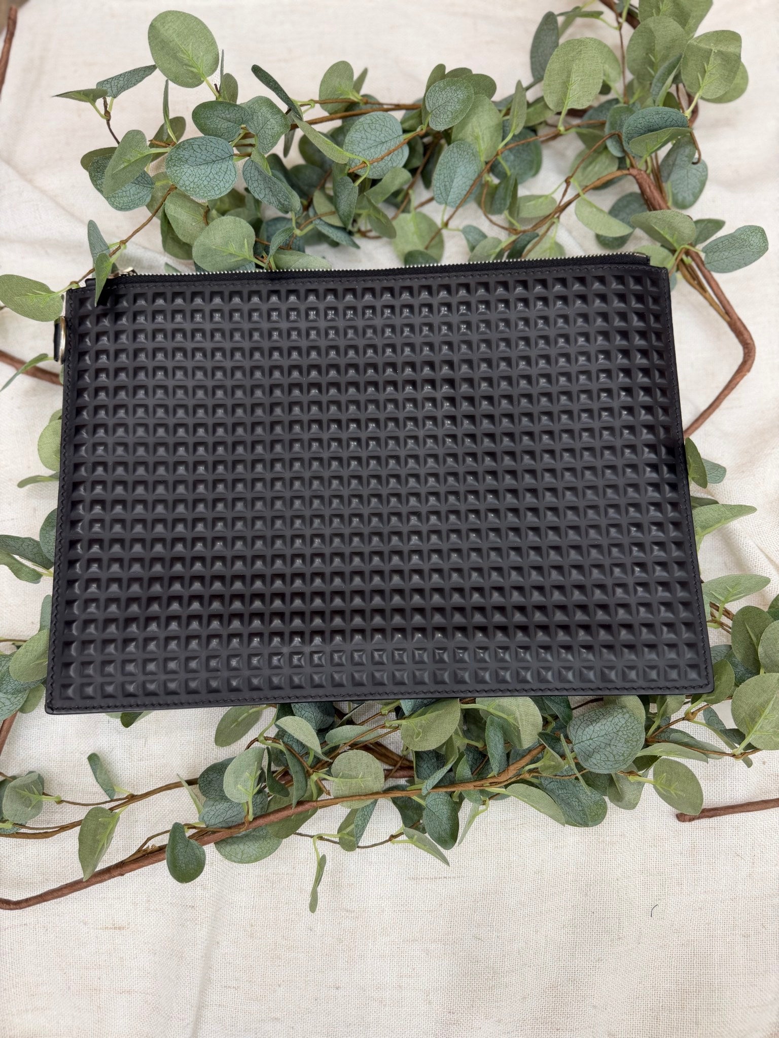 Balenciaga Black Leather Grid Embossed Zip Pouch