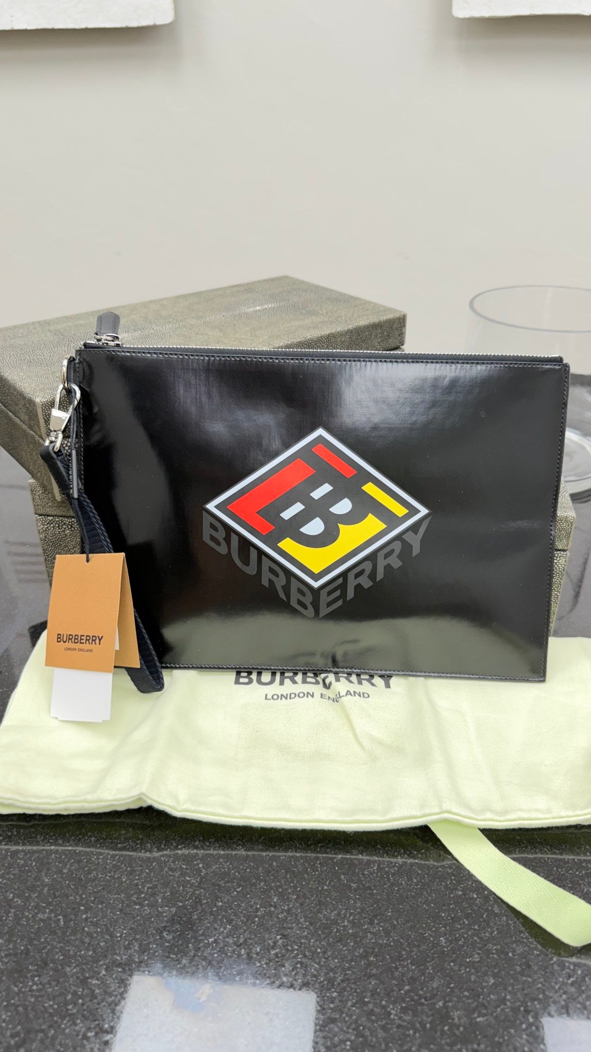 Burberry Black Leather New Logo Print Wristlet