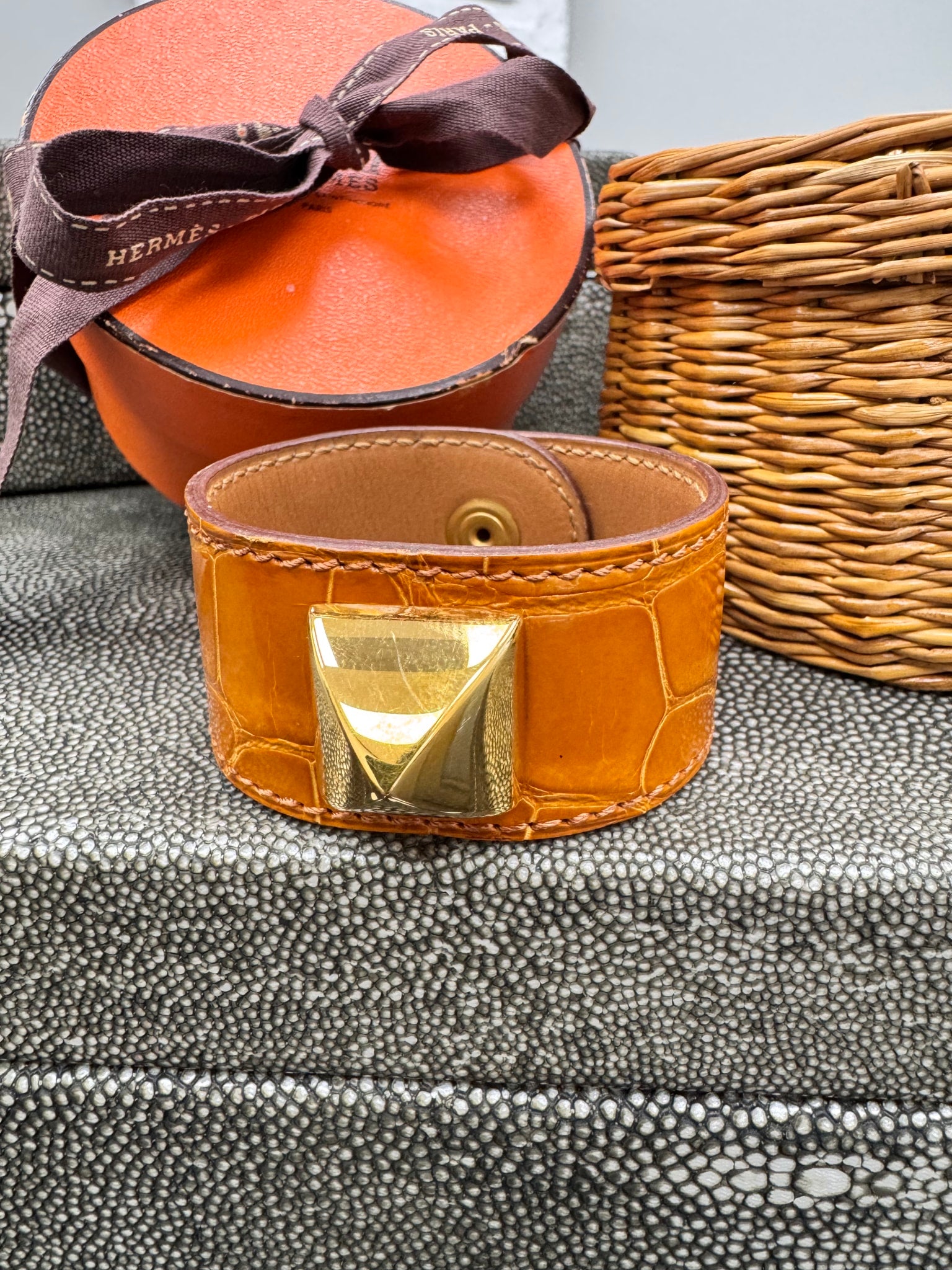 Hermès Orange Croc Embossed Leather Stud Bracelet