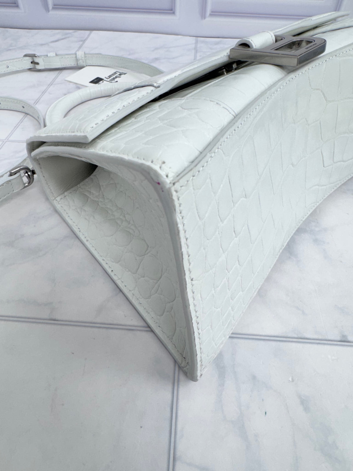 Balenciaga White Croc Embossed Hourglass Top Handle Bag