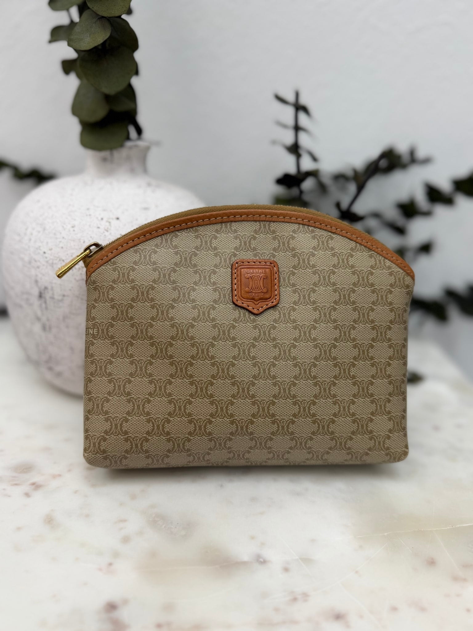 Celine Beige Macadam Coated Canvas Cosmetic Pouch