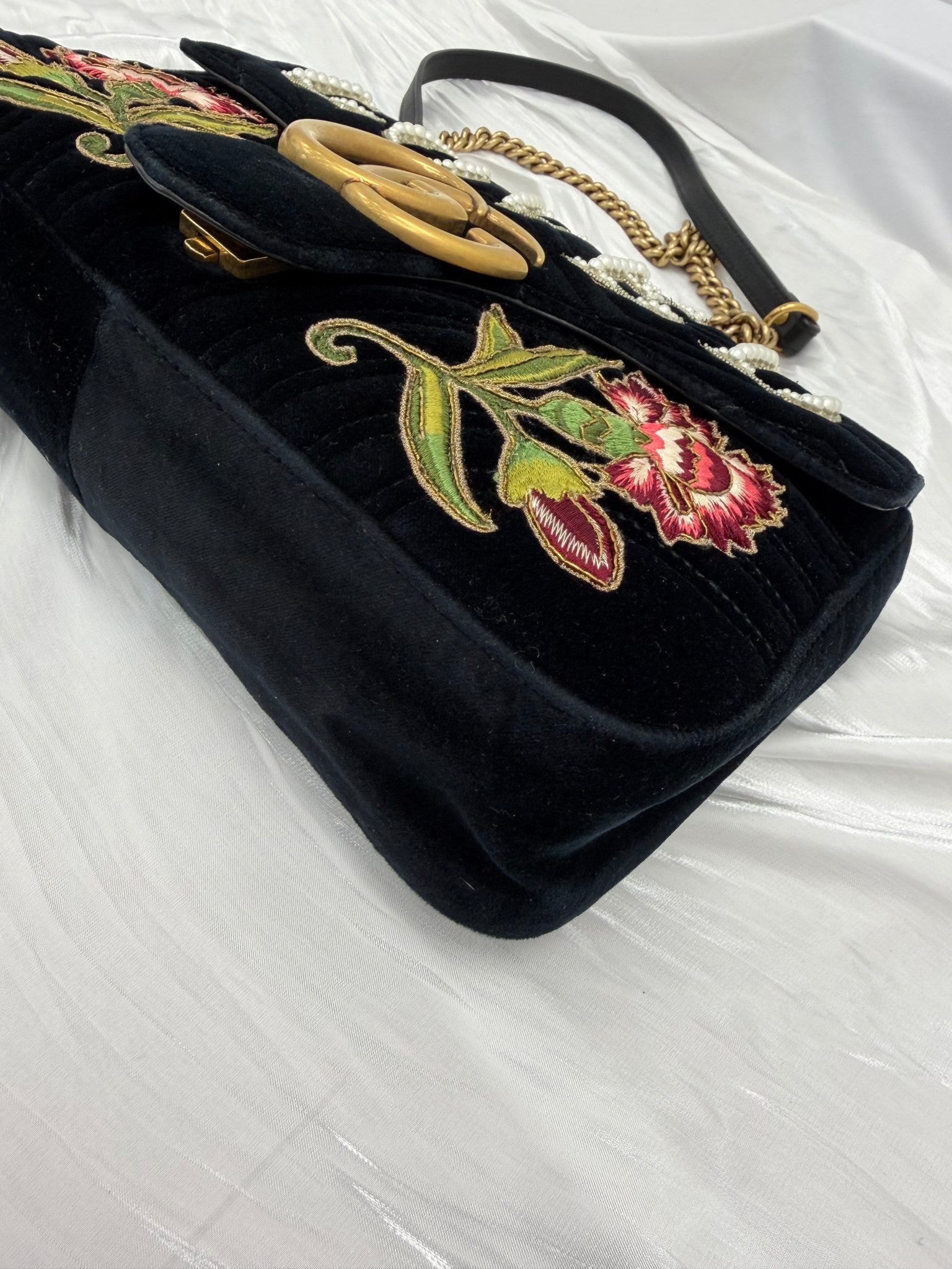 Gucci Black Velvet  "Loved" Embroidered Medium GG Marmont Crossbody