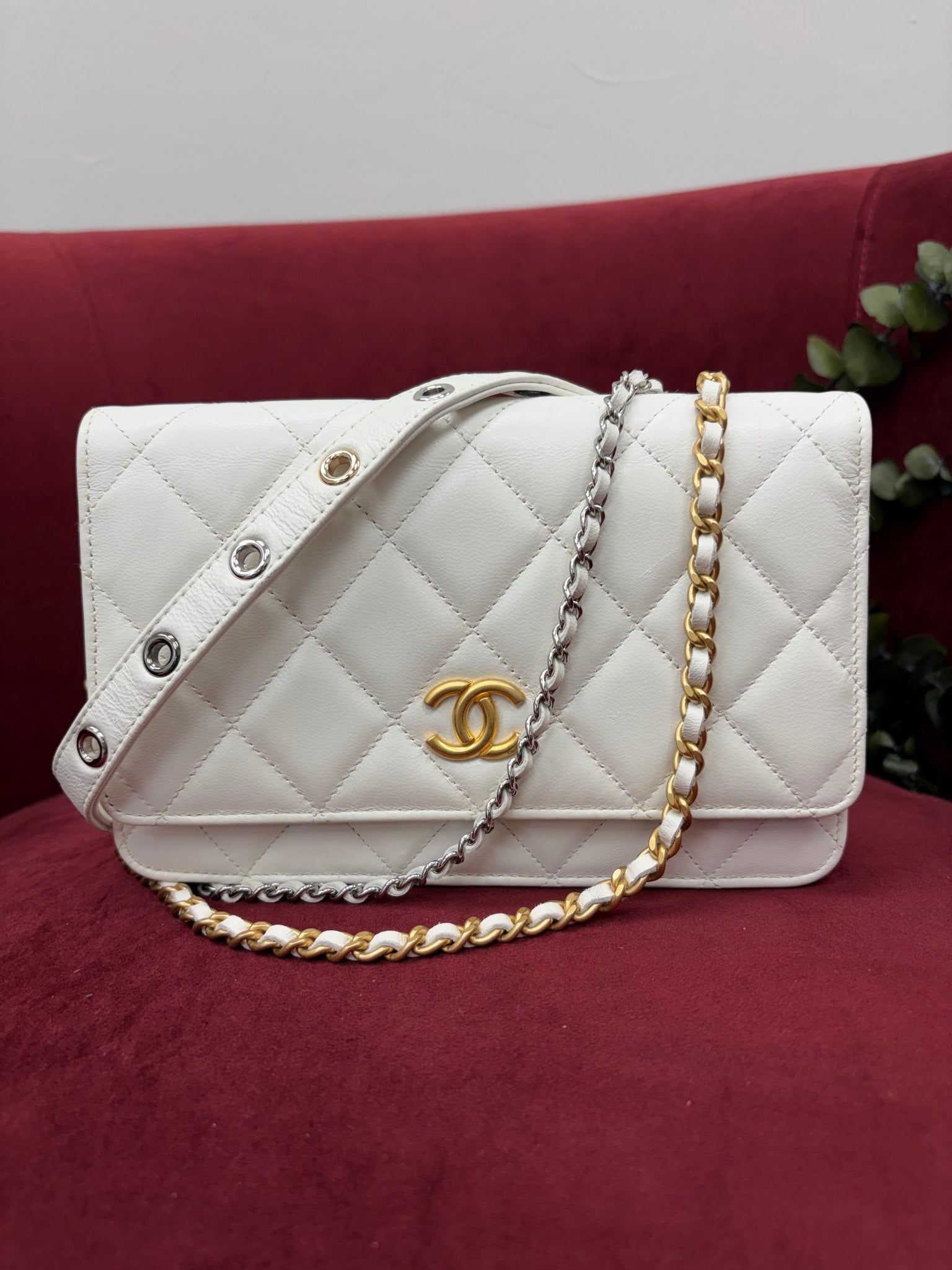 Chanel White Quilted Lambskin Wallet on a Chain