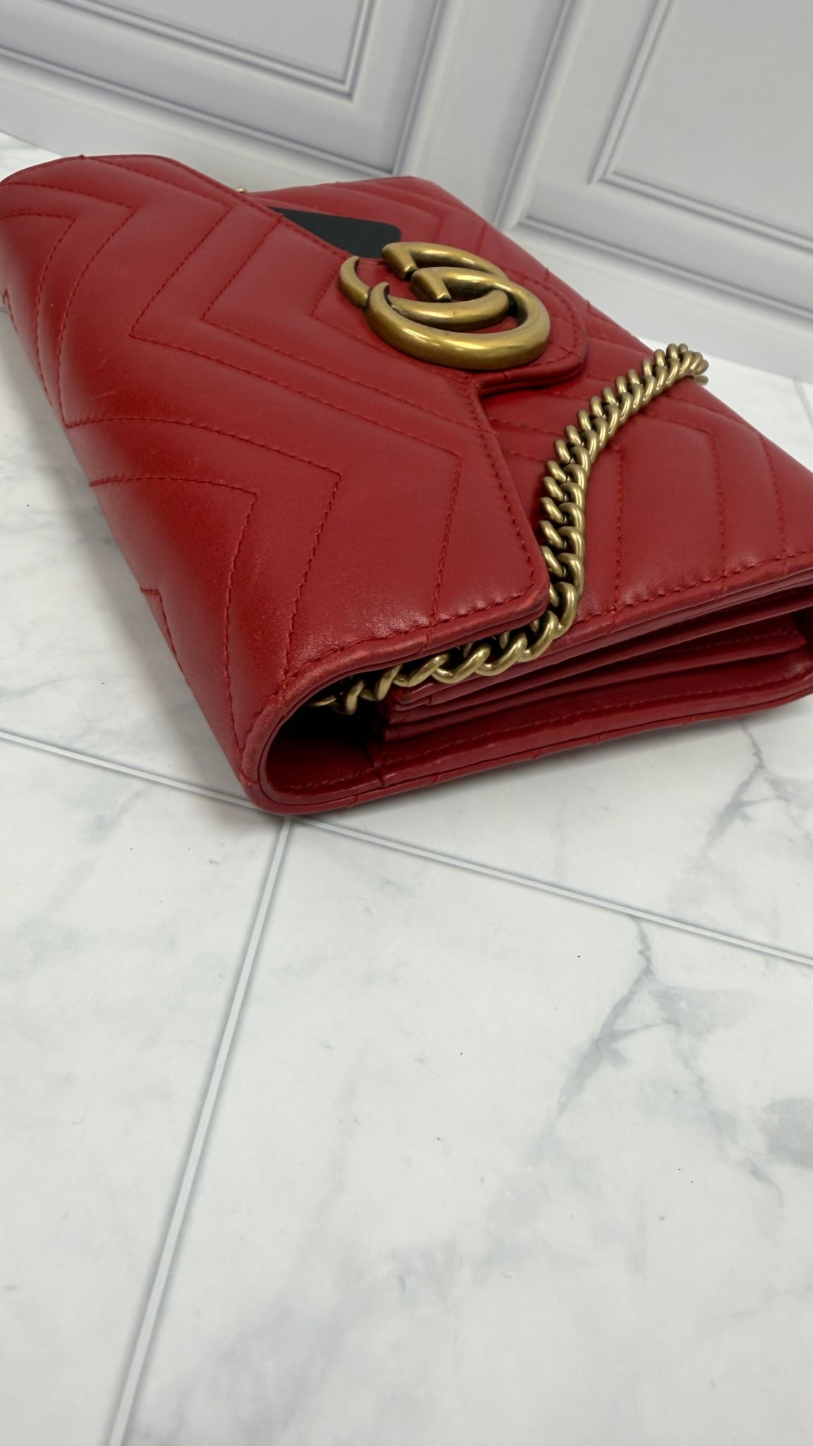 Gucci Red Leather Marmont Wallet on a Chain