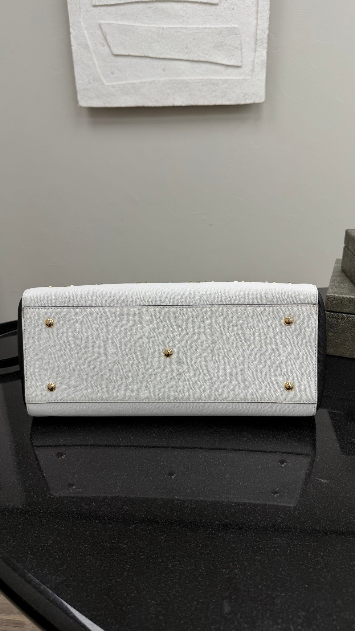MCM White & Black Saffiano Leather Embellished Stud 2way Tote