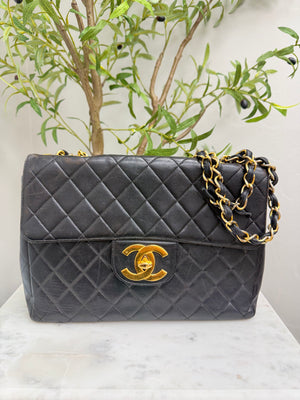 Chanel Vintage Black Leather Jumbo Classic Flap Bag