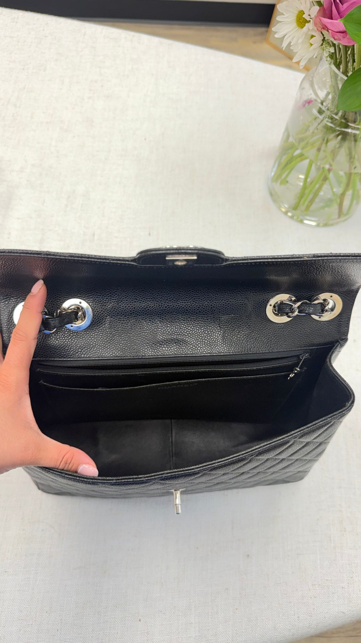 Chanel Black Caviar Leather Jumbo Classic Single Flap Shoulder Bag