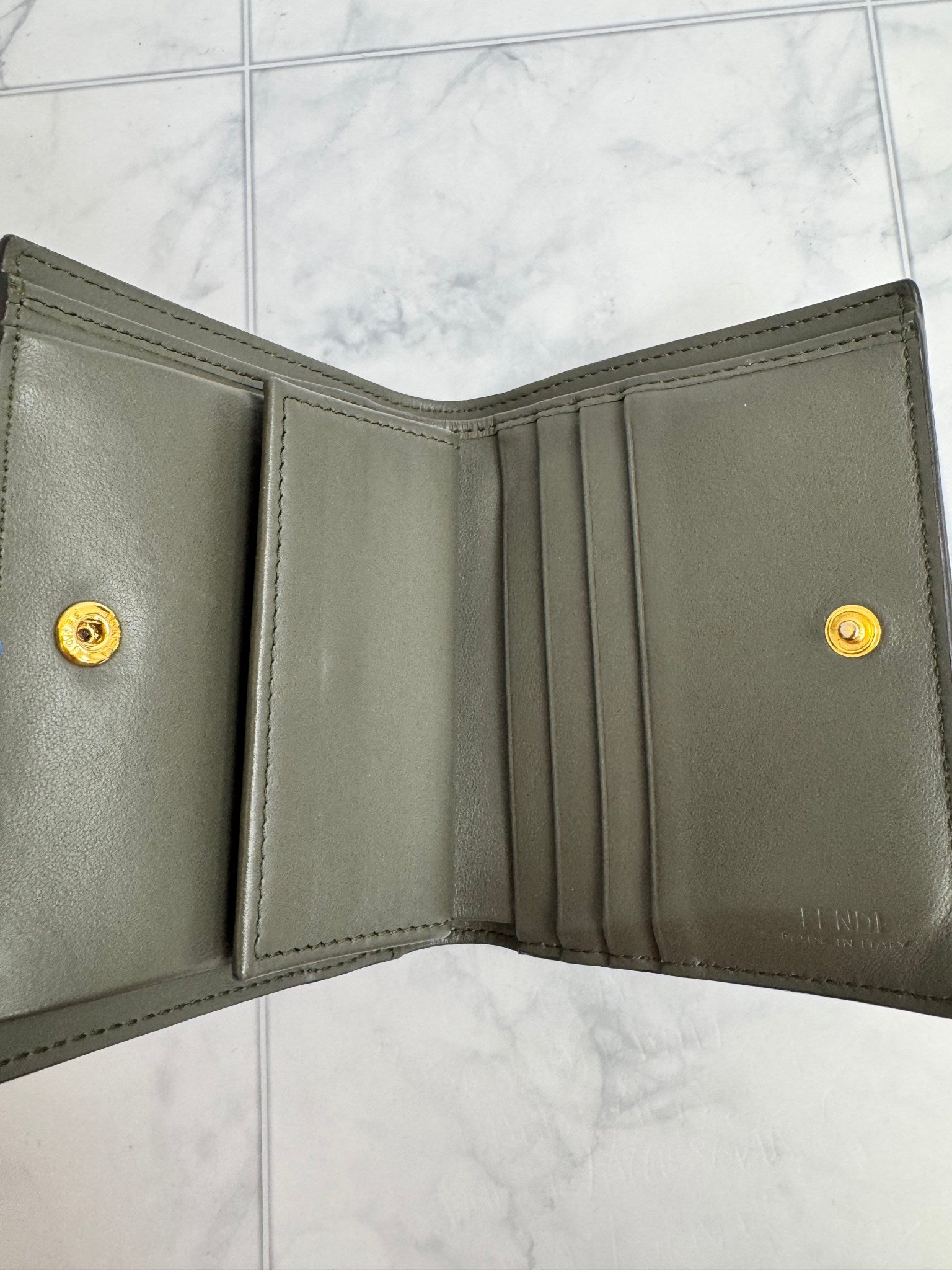 Fendi Olive Green Grained Leather Bifold Compact Wallet