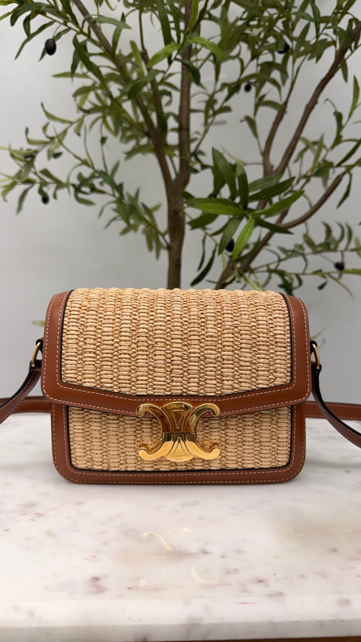 LIKE NEW - Celine Tan Raffia Calfskin Teen Triomphe Crossbody