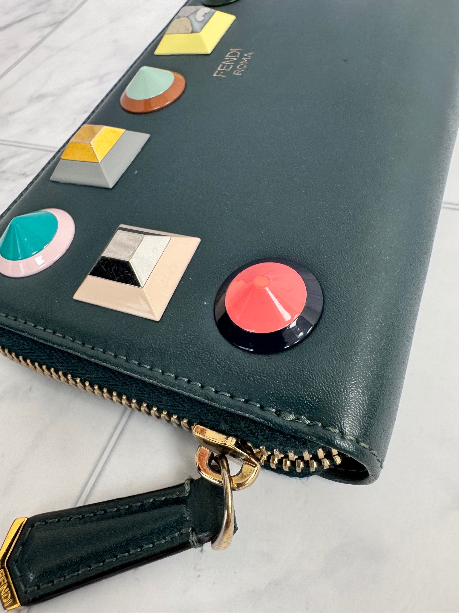 Fendi Green Studded Long Zippy Wallet