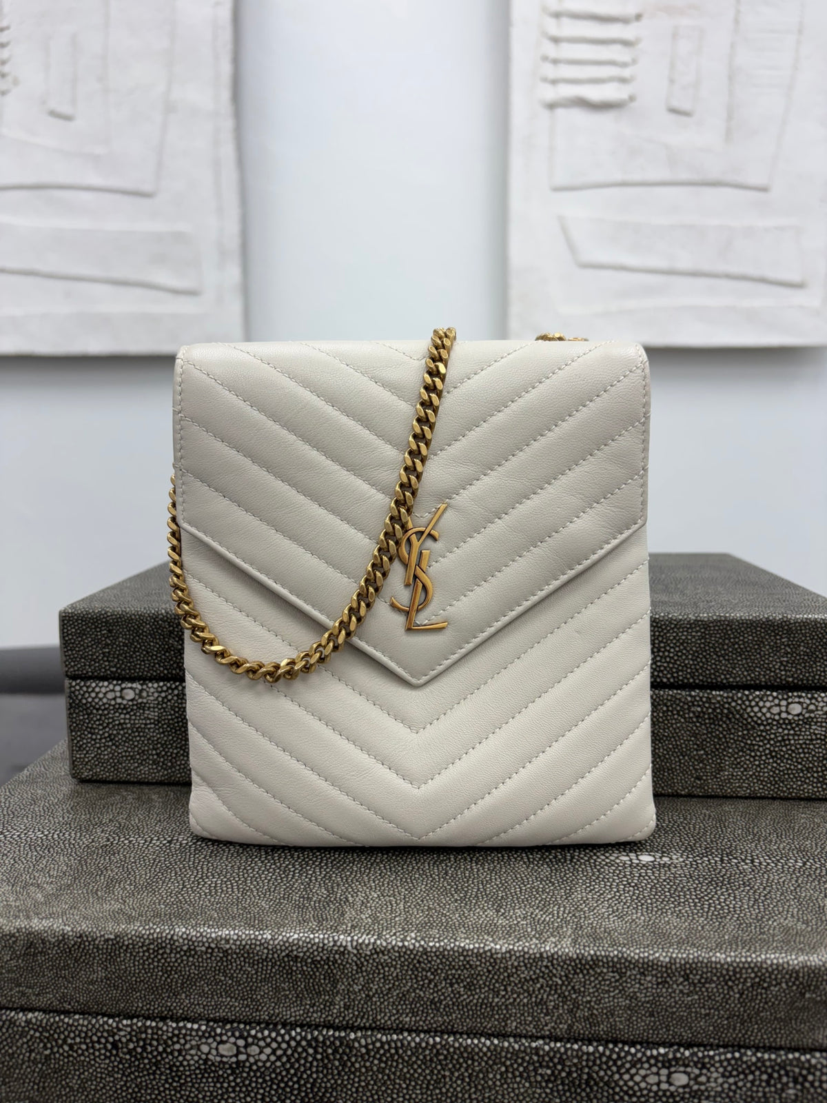 Saint Laurent YSL Ivory Chevron Quilted Leather Chain Shoulder Bag