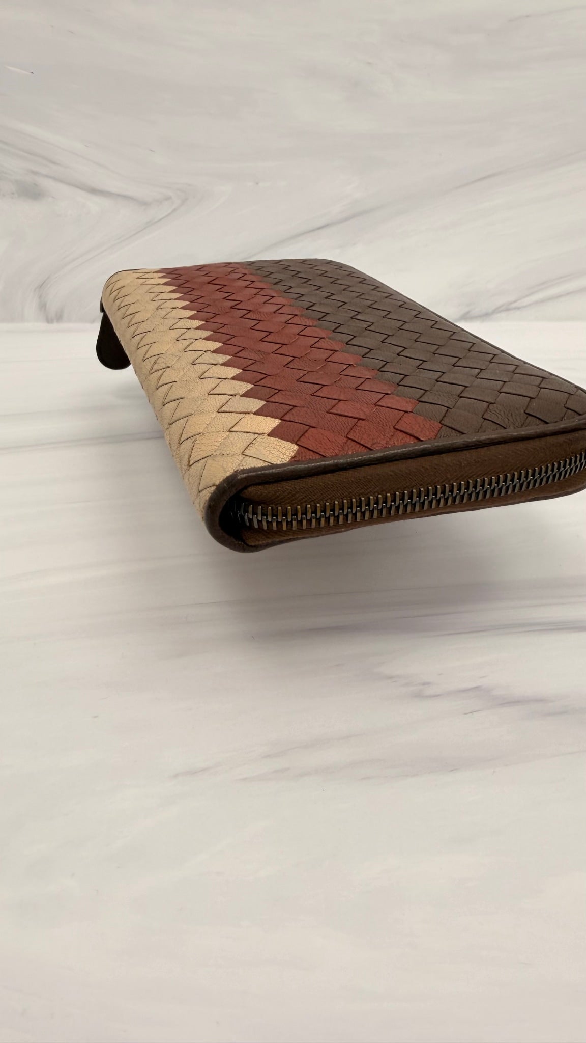 Bottega Veneta Brown Multicolor Intrecciato Leather Zippy Wallet