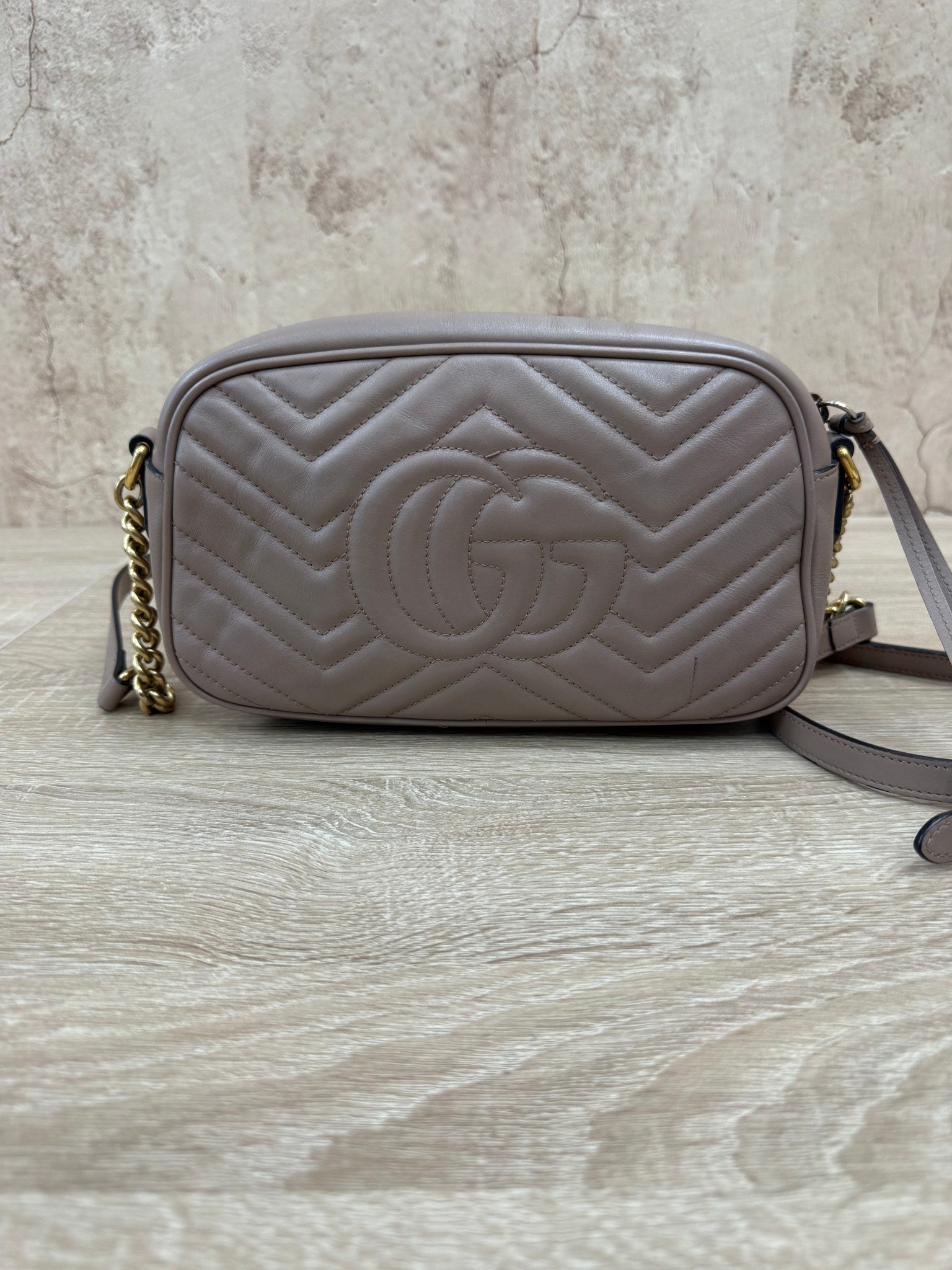 Gucci Porcelain Rose Calfskin Small Marmont Chain Shoulder Bag 