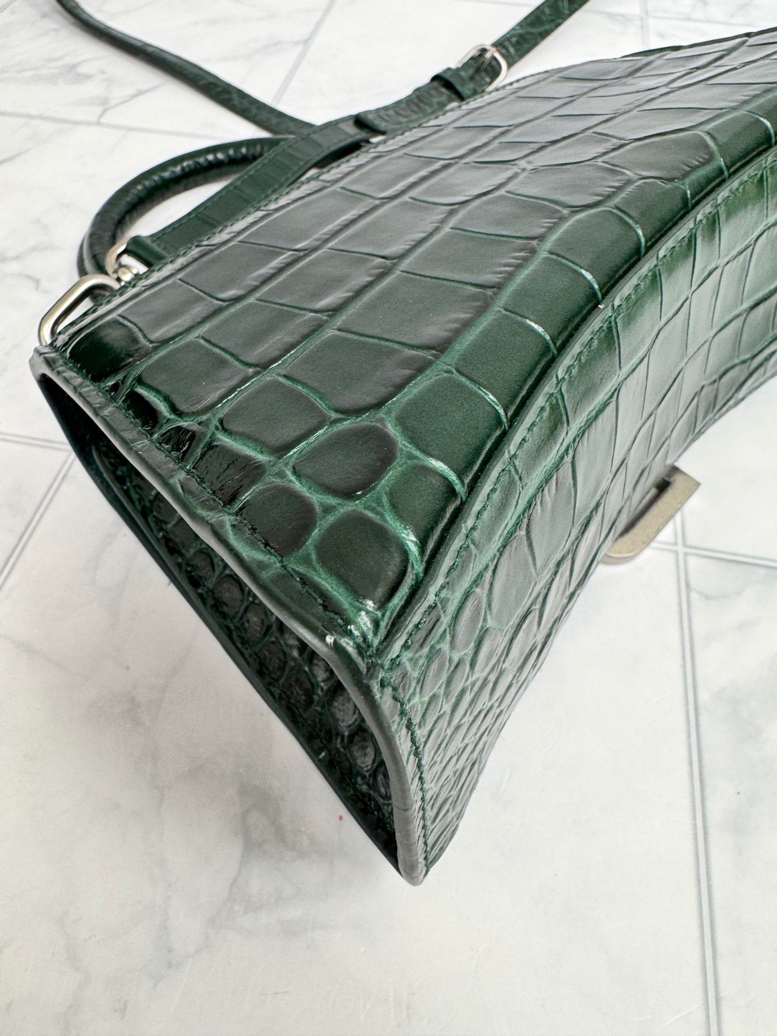  Balenciaga Dark Green Croc Embossed Leather XS Hourglass 2Way Bag 