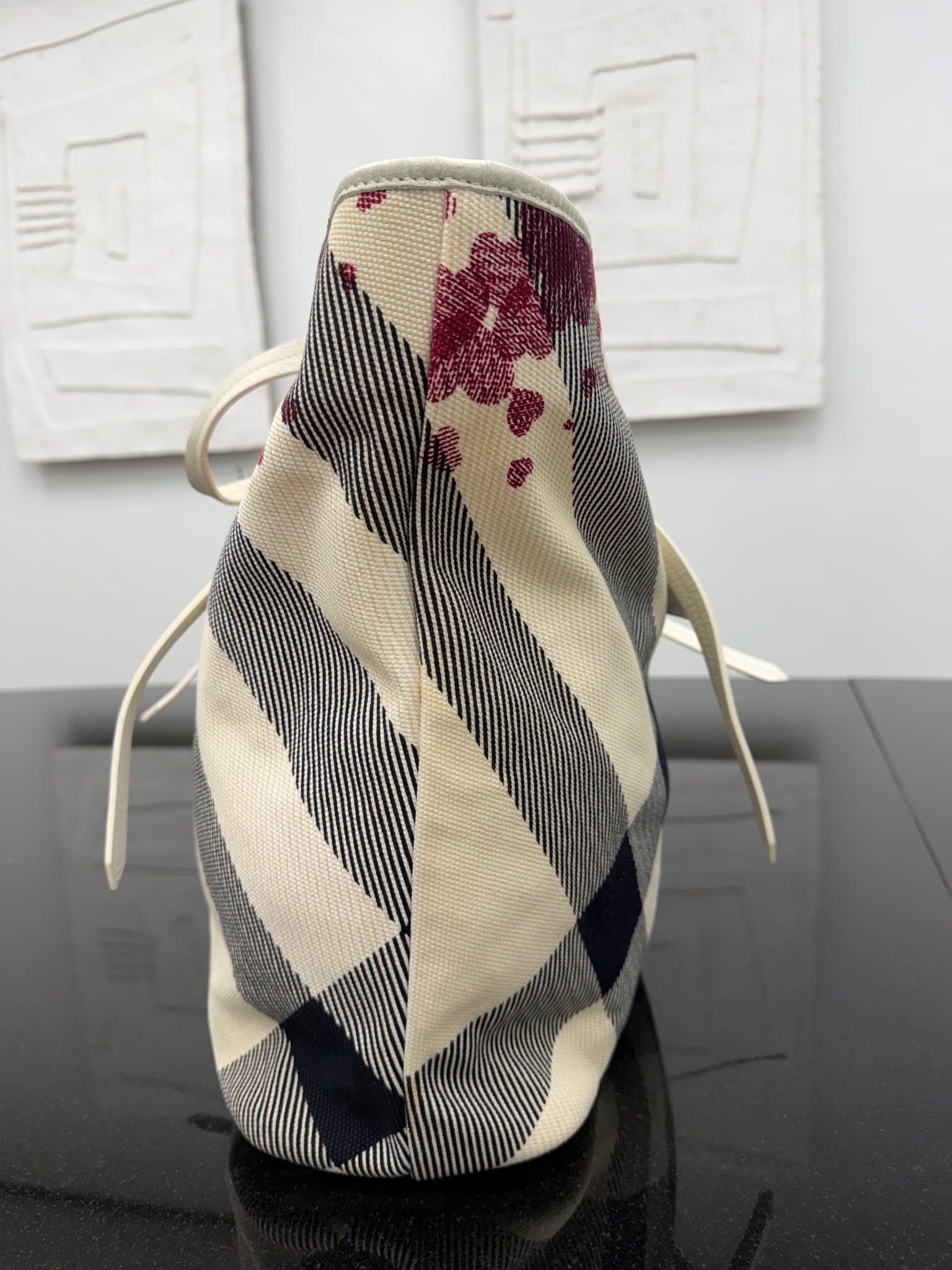 Burberry Cream Confetti Heart Check Canvas Large Tote Bag