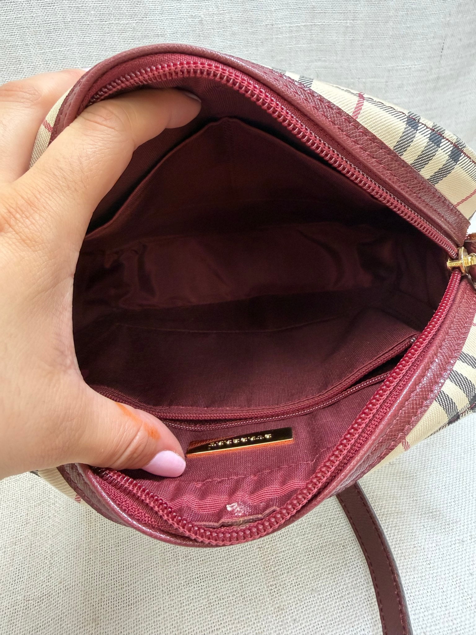 Burberry Burgundy Canvas Nova Check Crossbody Bag