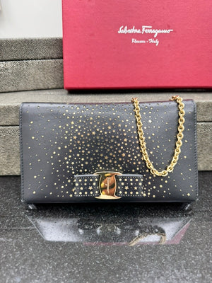 Salvatore Ferragamo Black Leather And Gold Perforated Stars Vara Wallet On A Chain