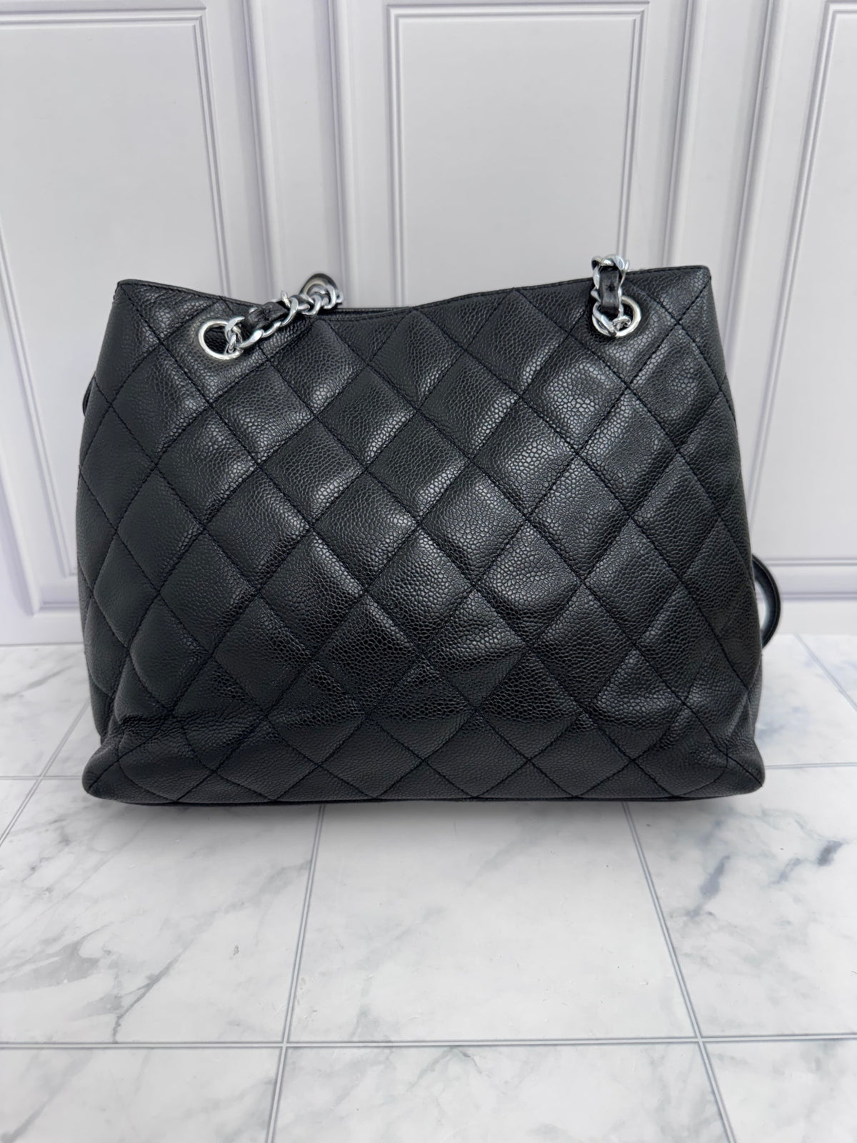 Chanel Black Quilted Caviar Leather Front Flap Large Shopping Tote Bag 