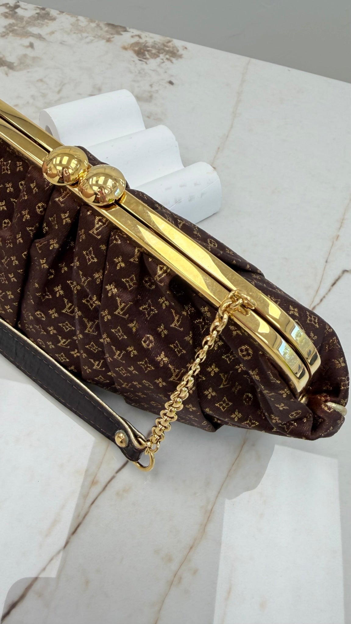 Louis Vuitton Limited Edition Brown & Gold Monogram Satin Aumoniere Kisslock Bag