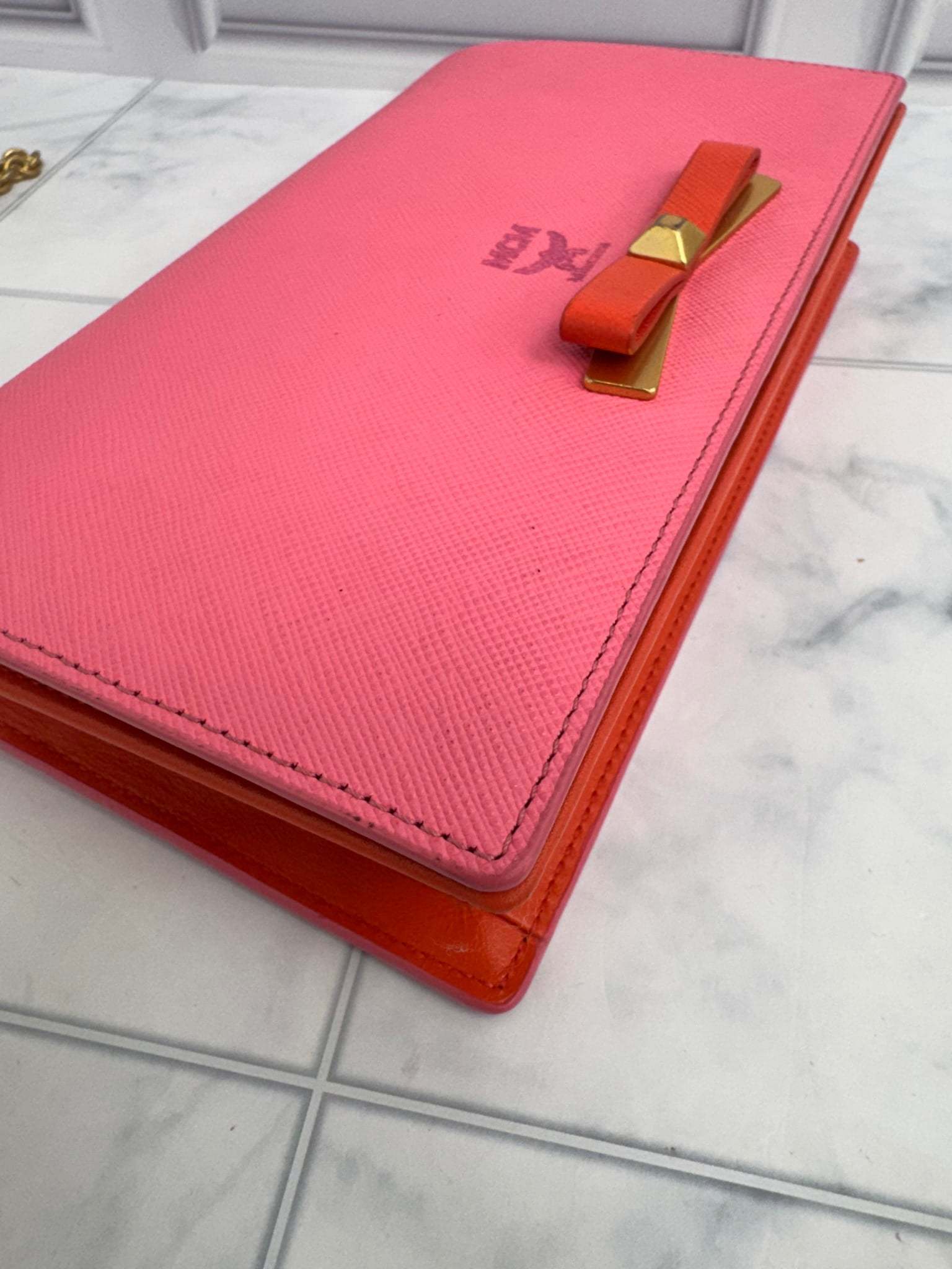 MCM Pink Saffiano Leather Wallet On A Chain