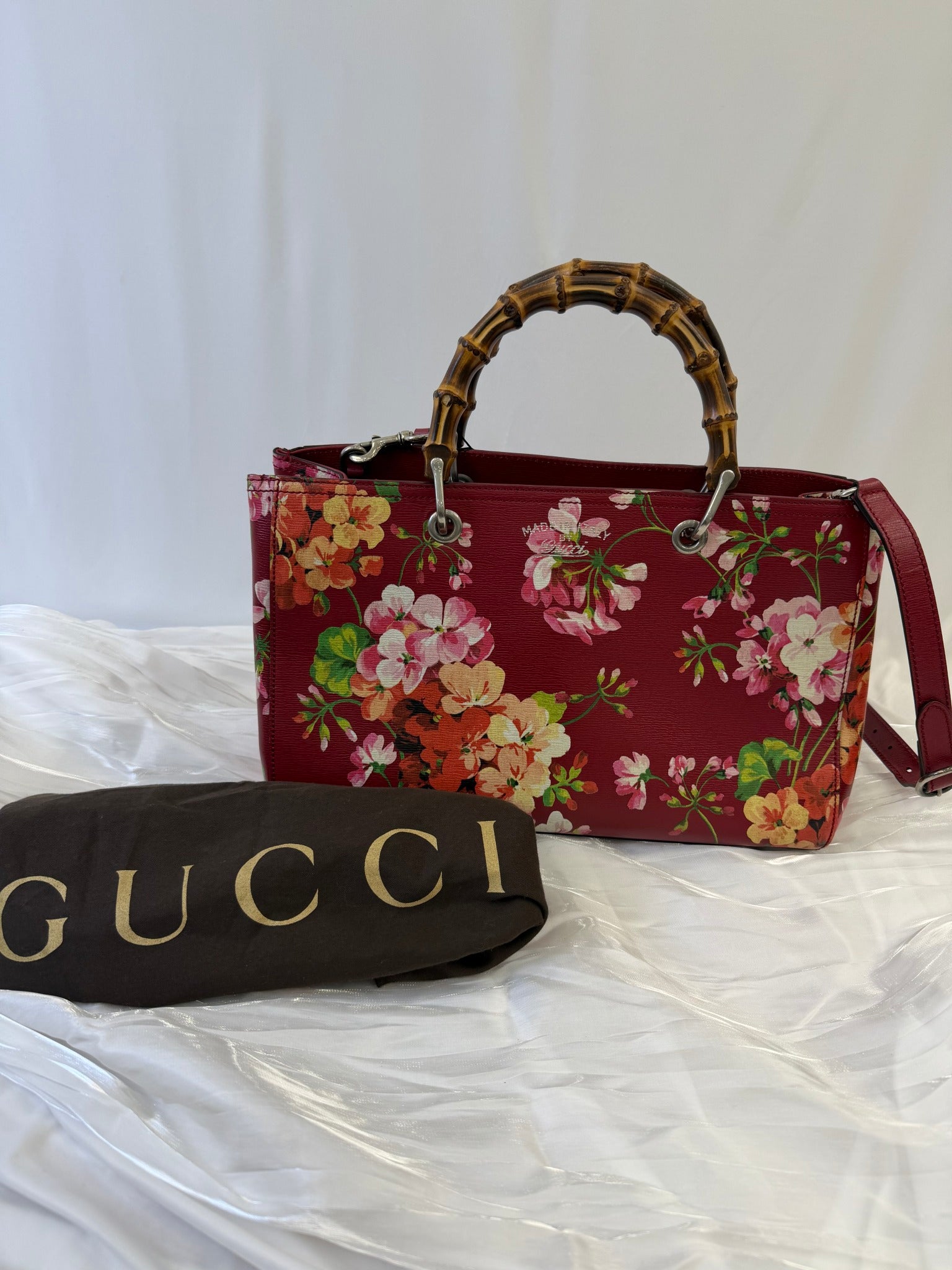 Gucci Red Blooms Bamboo Medium Top Handle 