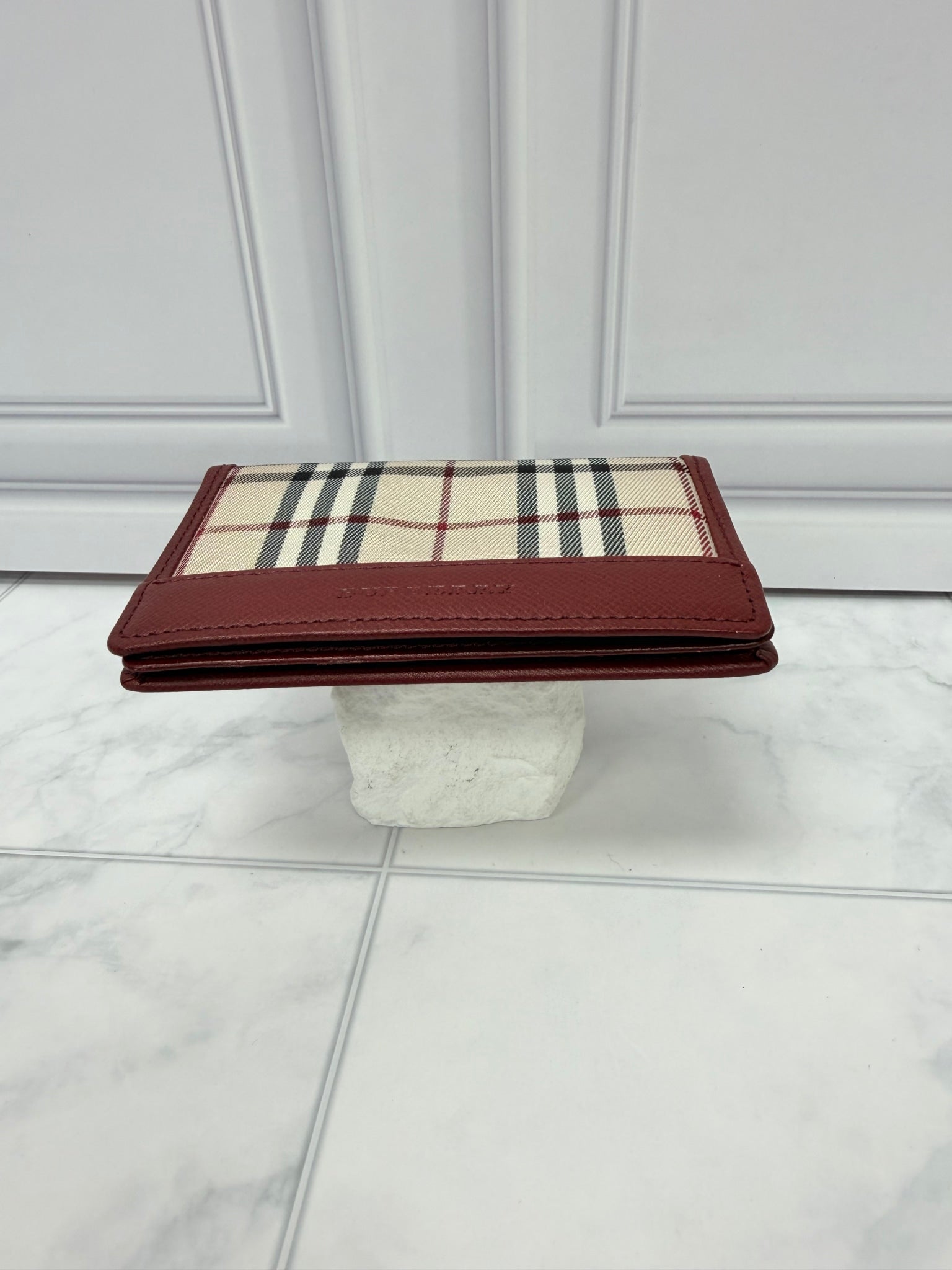 Burberry Burgundy Nova Check Canvas Leather Card Case