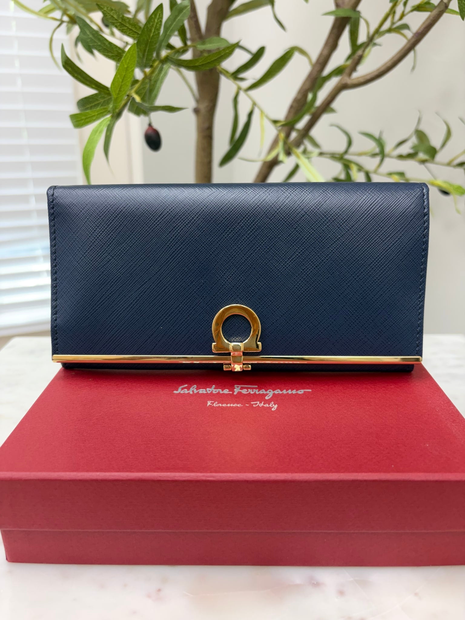 Salvatore Ferragamo Blue Saffiano Leather Gancio Long Wallet