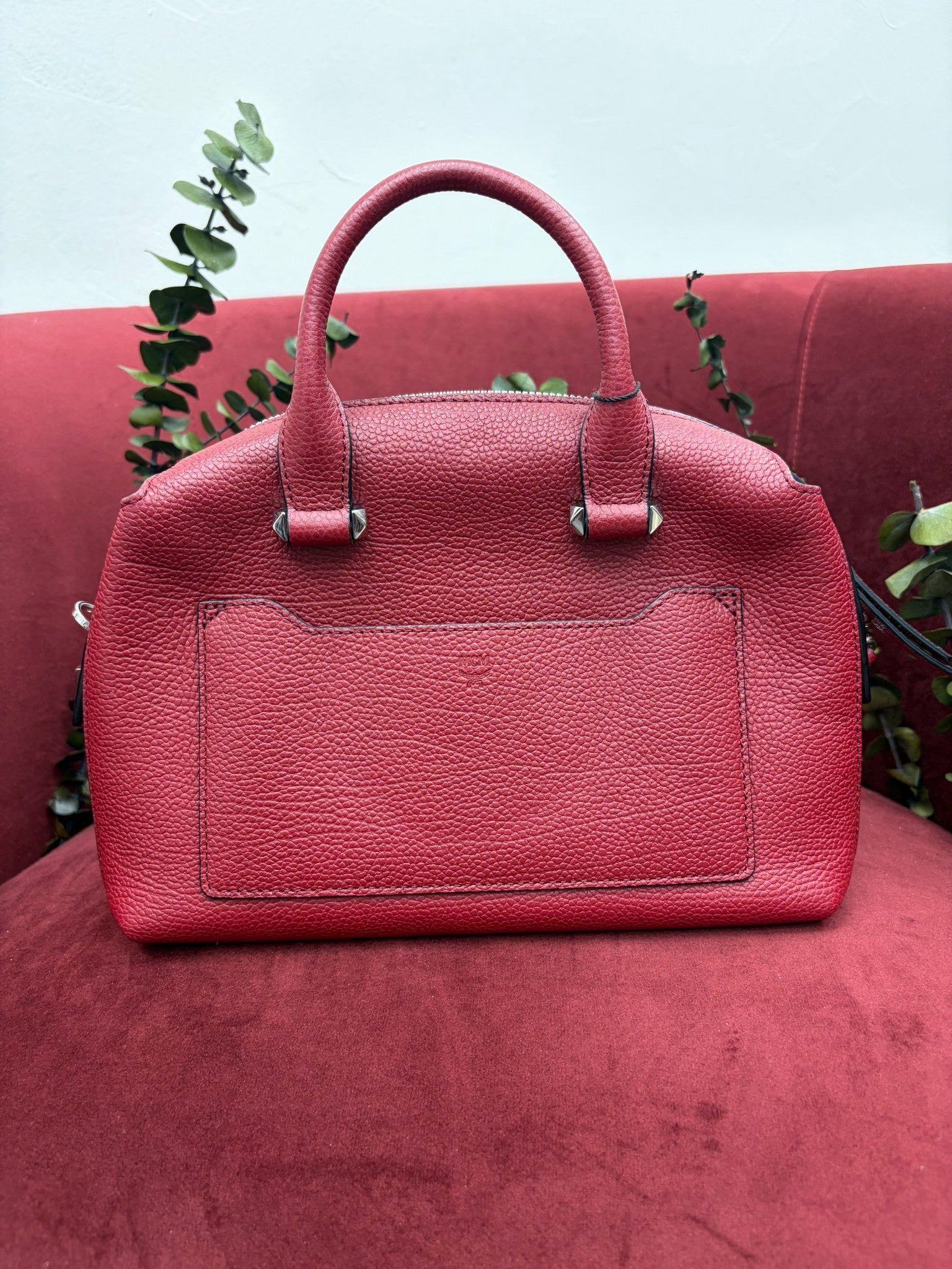 MCM Red Leather Boston Bag