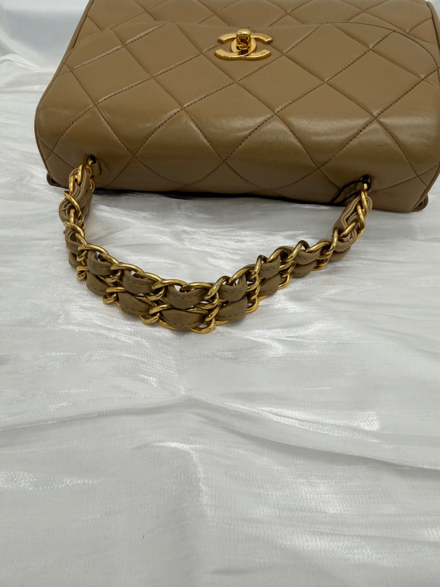 Chanel Light Brown Lambskin Leather 24k Top Handle Chain Bag