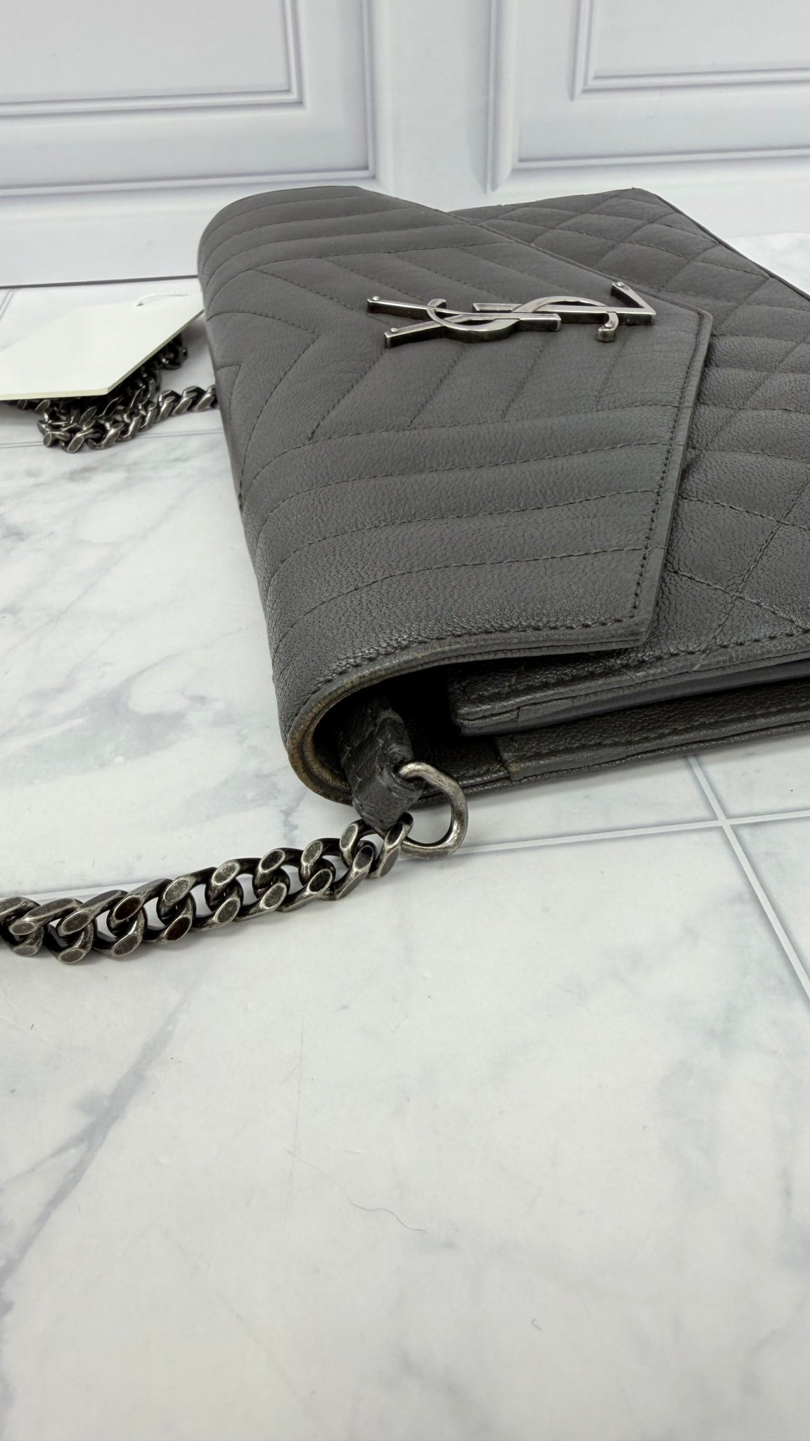 Saint Laurent YSL Grey Grained Leather Envelope Wallet On A Chain 