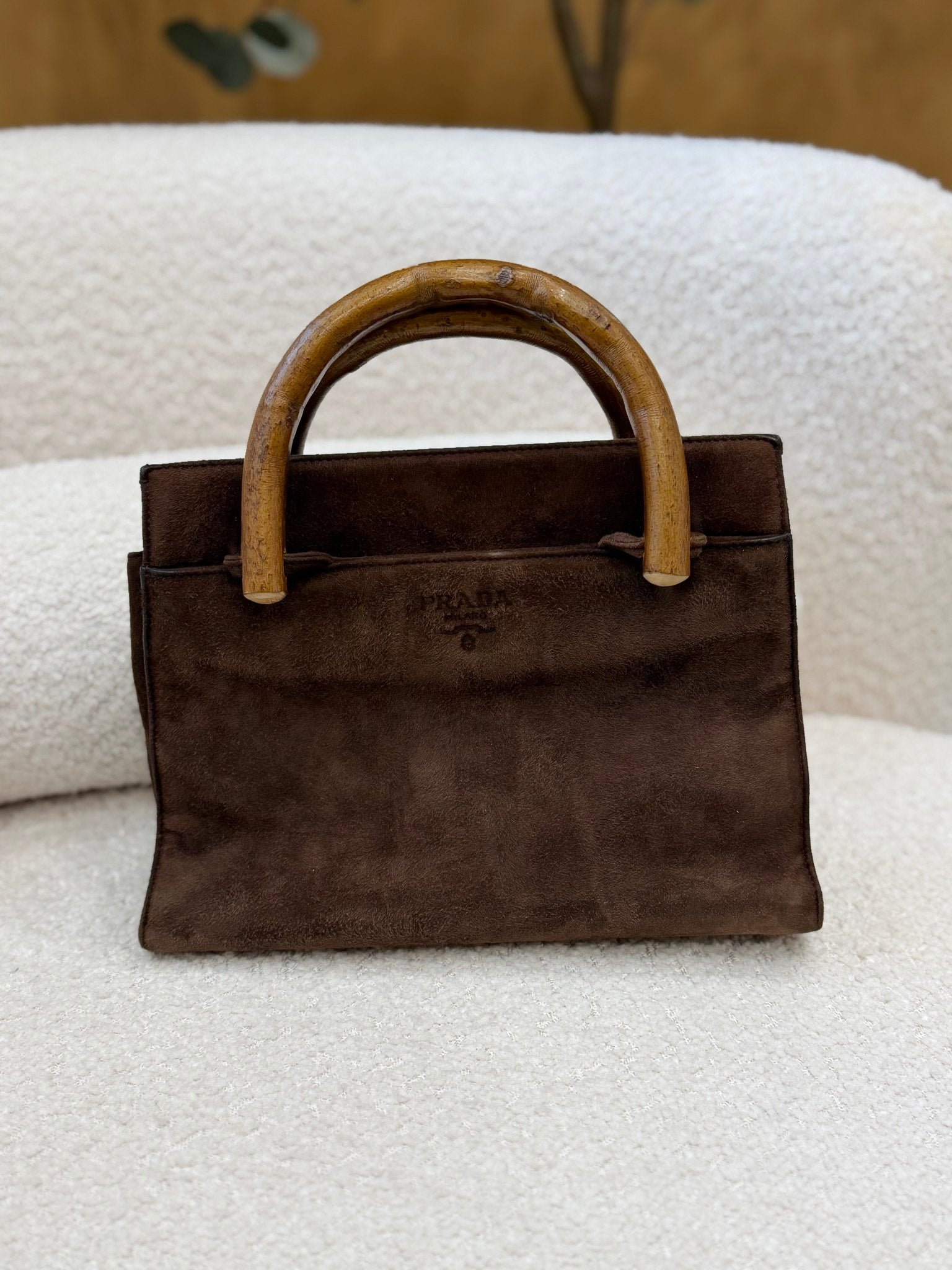 Prada Vintage Brown Suede & Wooden Handle Bag