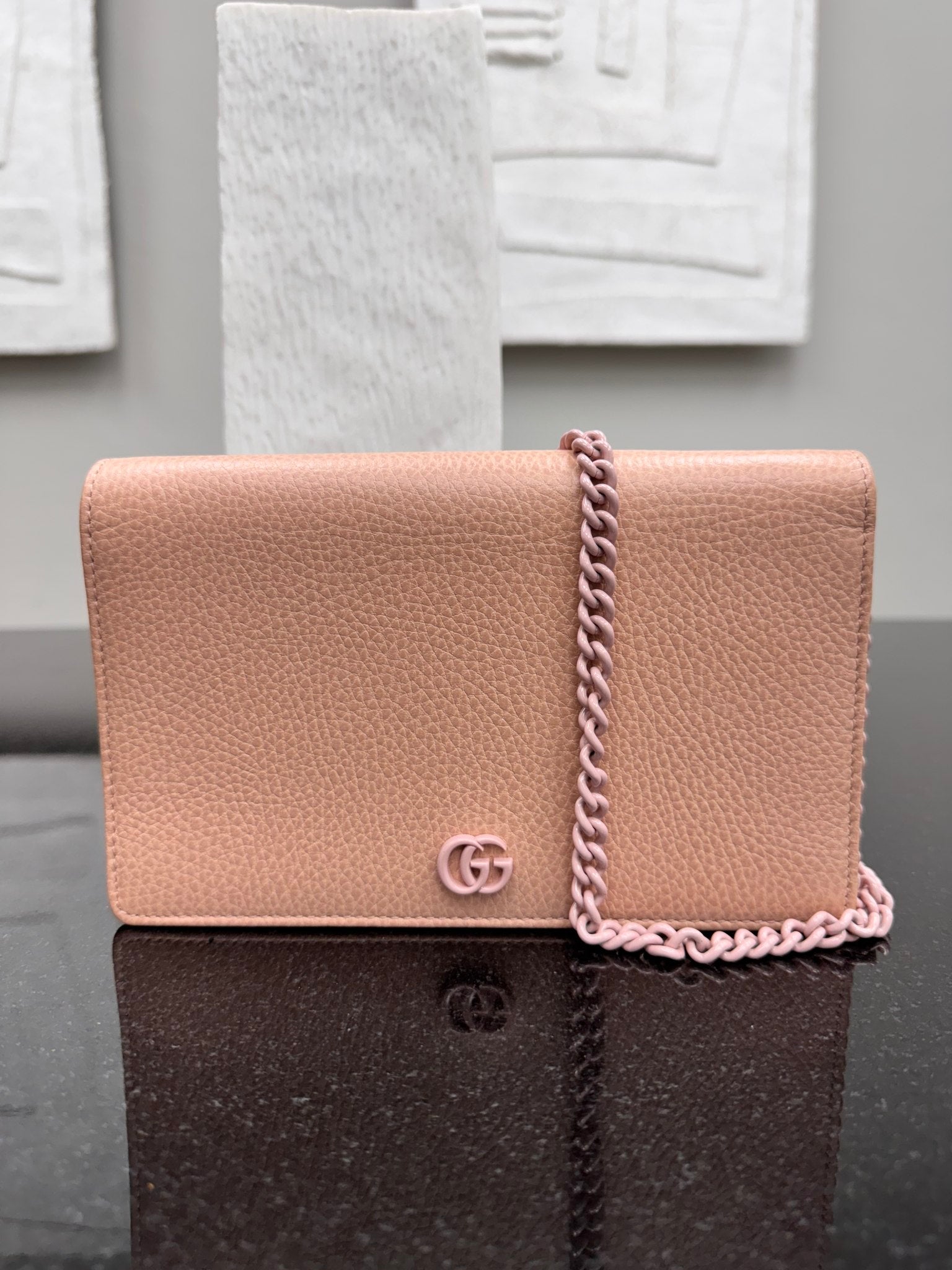 Gucci Pink Pebbled Leather Wallet On A Chain