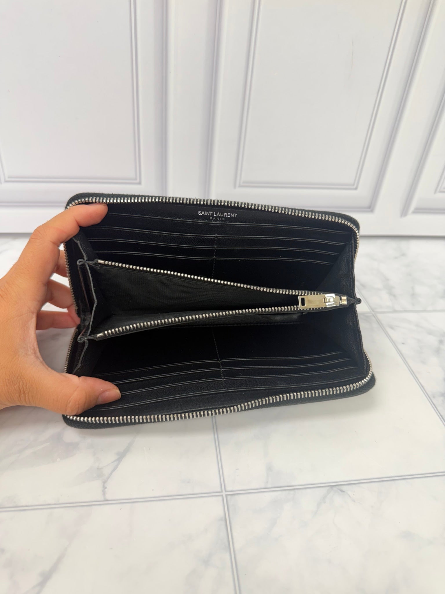 Saint Laurent YSL White And Black Leather Leopard Print Zippy Wallet 