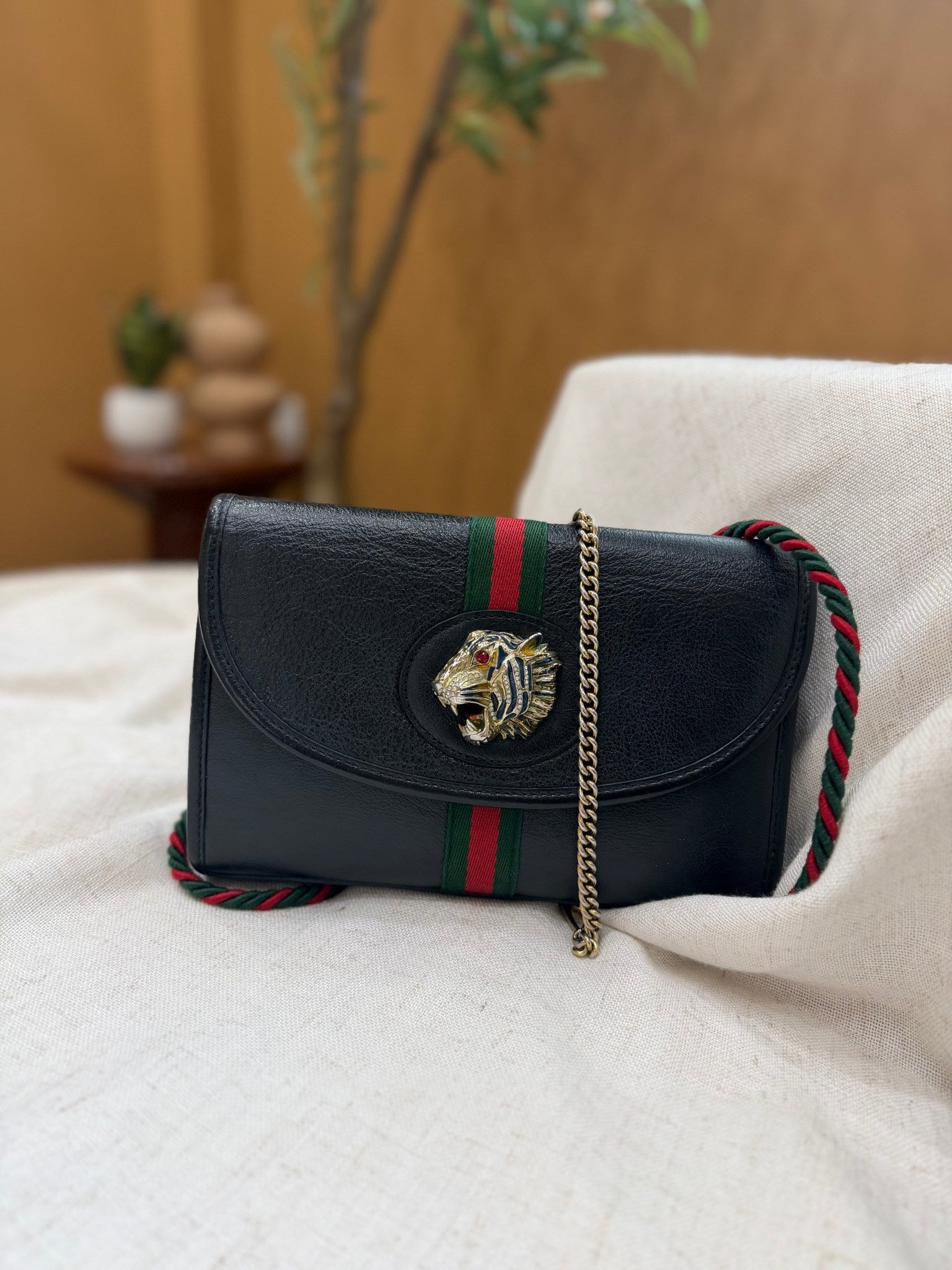 Gucci Vintage Black Leather Rajah Small Tiger Head Crossbody
