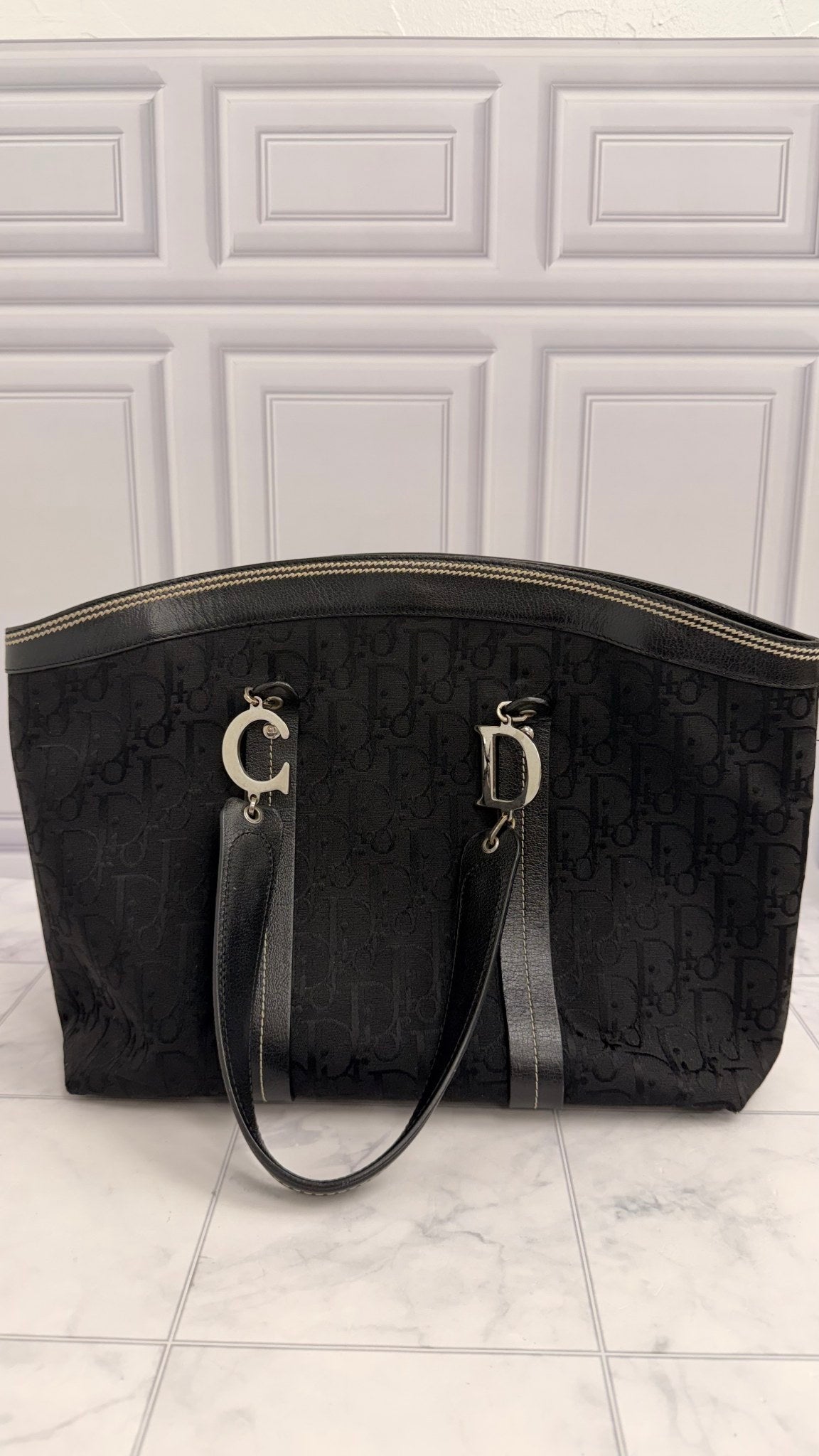 Christian Dior Black Diorissimo Monogram Canvas Vintage Floral Embroidery Tote Bag