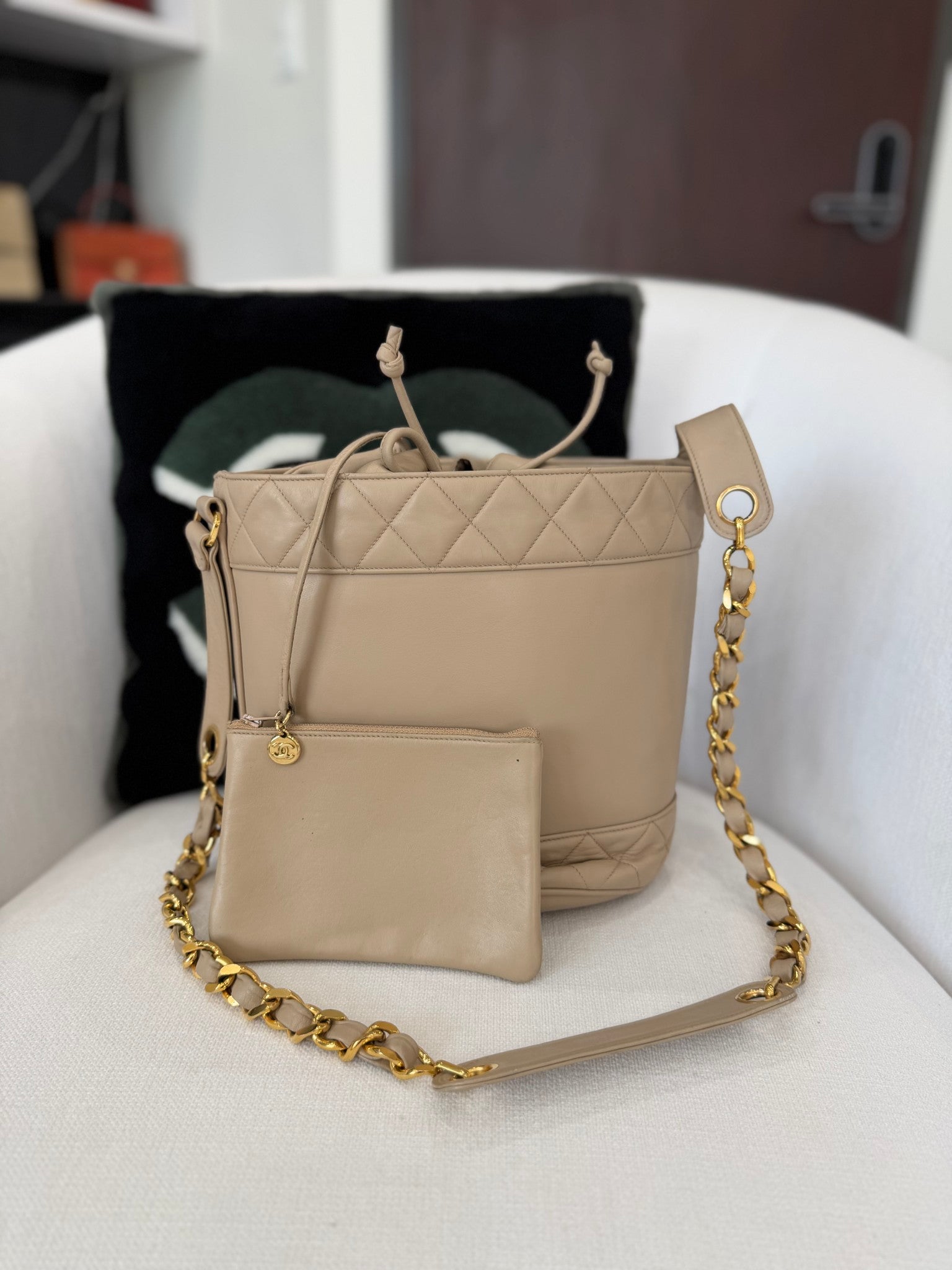 Chanel Beige Calfskin Drawstring CC Bucket Bag