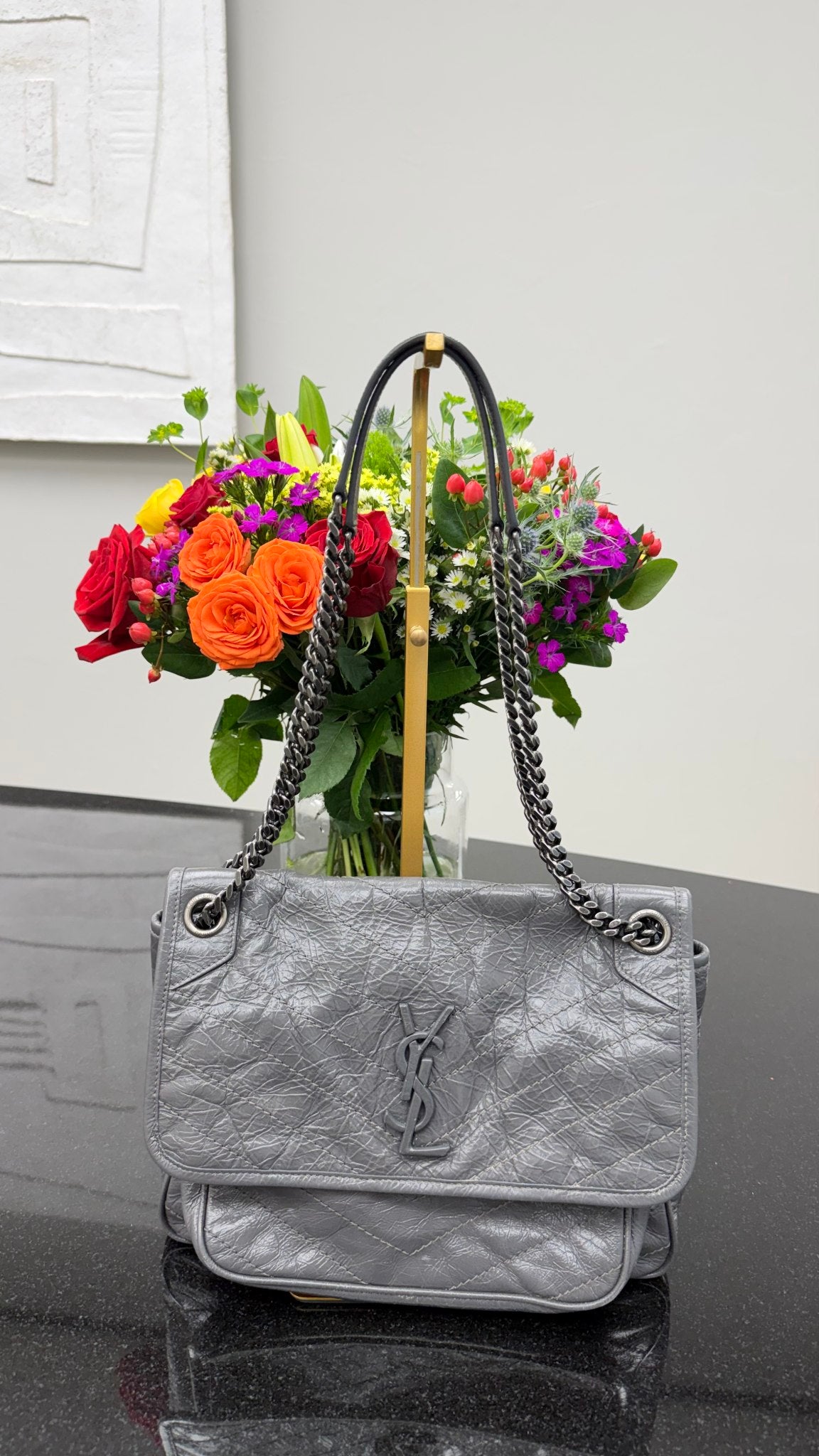 Saint Laurent Saint Laurent YSL Grey Crinkled Leather Niki Handbag 