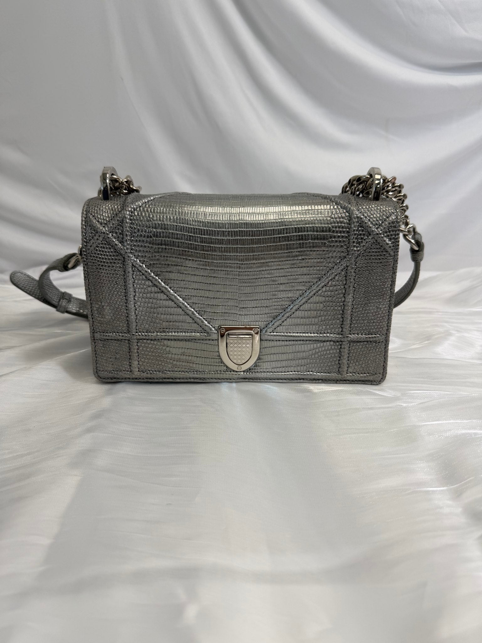 Christian Dior Metallic Silver Lizard Embossed Small Diorama Flap Bag