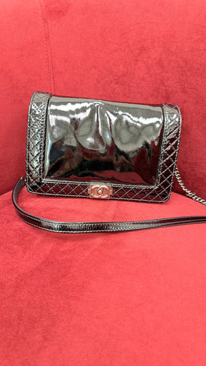 Chanel Black Patent Leather Reverso Boy Flap Bag